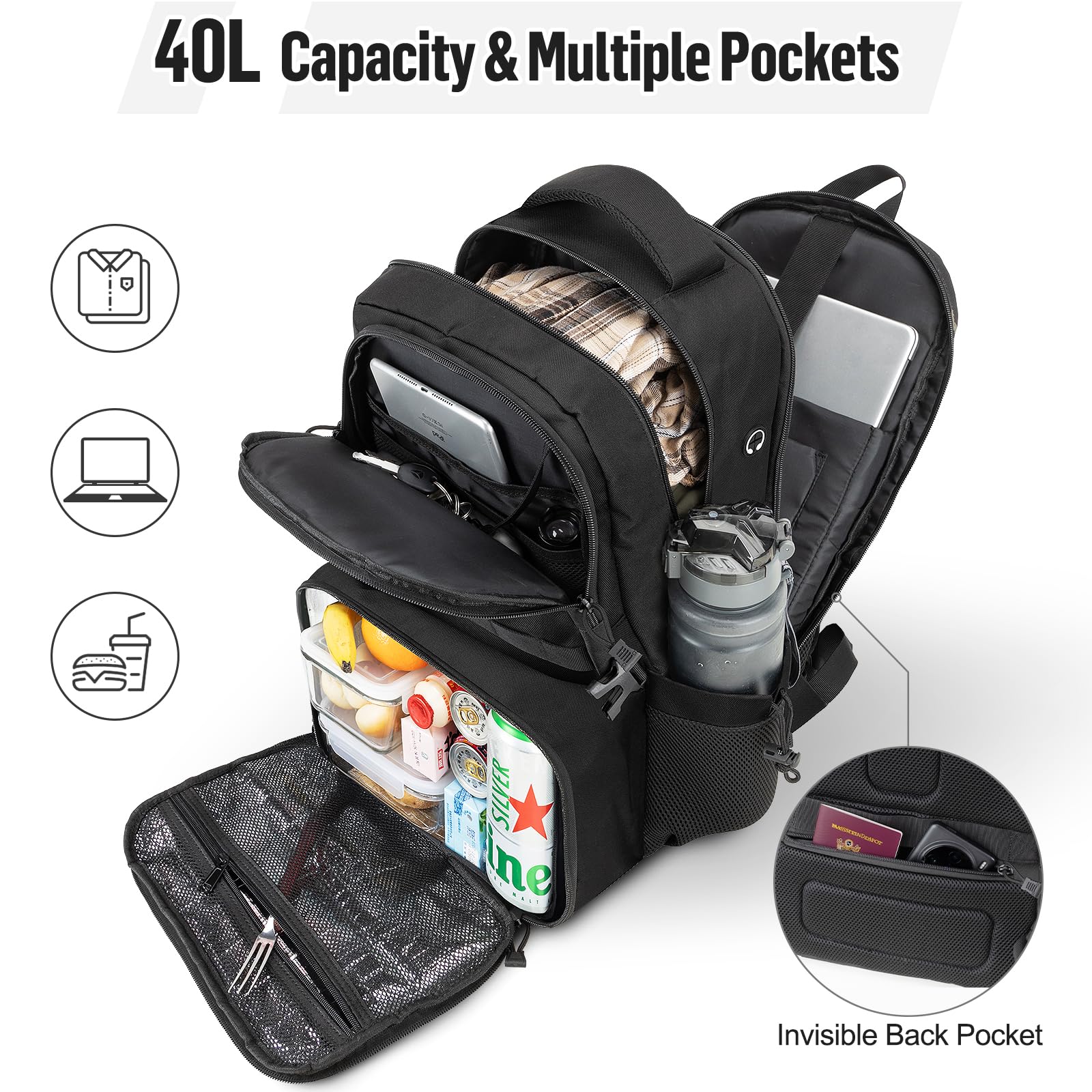 Zaino termico da uomo con contenitore per il pranzo da 6 litri: zaino da 40 l, con scomparto per computer portatile, borsa da lavoro con borsa termica per il pranzo, zaino per scuola, picnic
