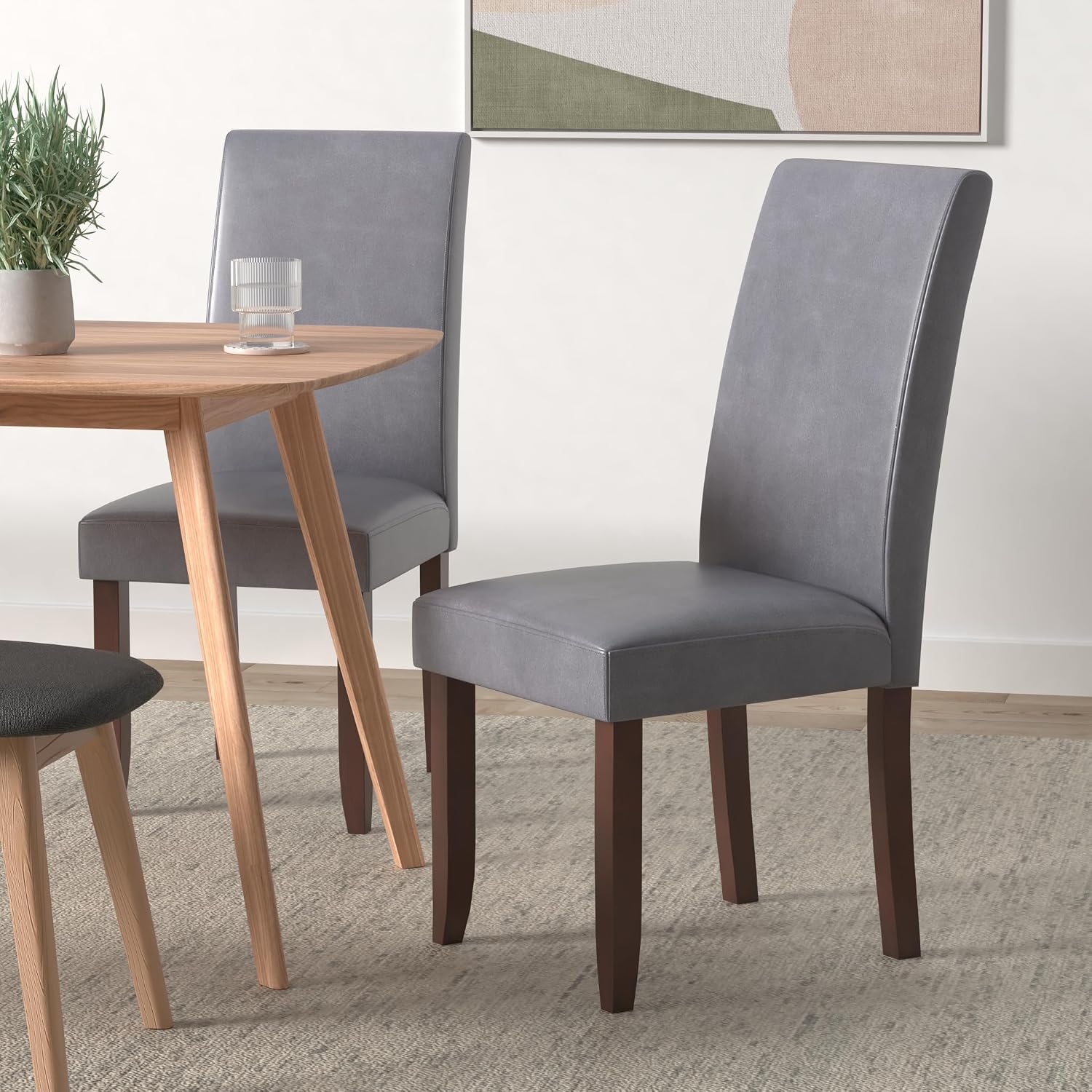 SIMPLIHOME Acadian Dining Chairs - Upholstered Solid Hardwood and Vegan Leather Parsons Chair Set in Stone Grey, Transitional Dining Room Seating with Cushioned Seat and Back (Set of 2)