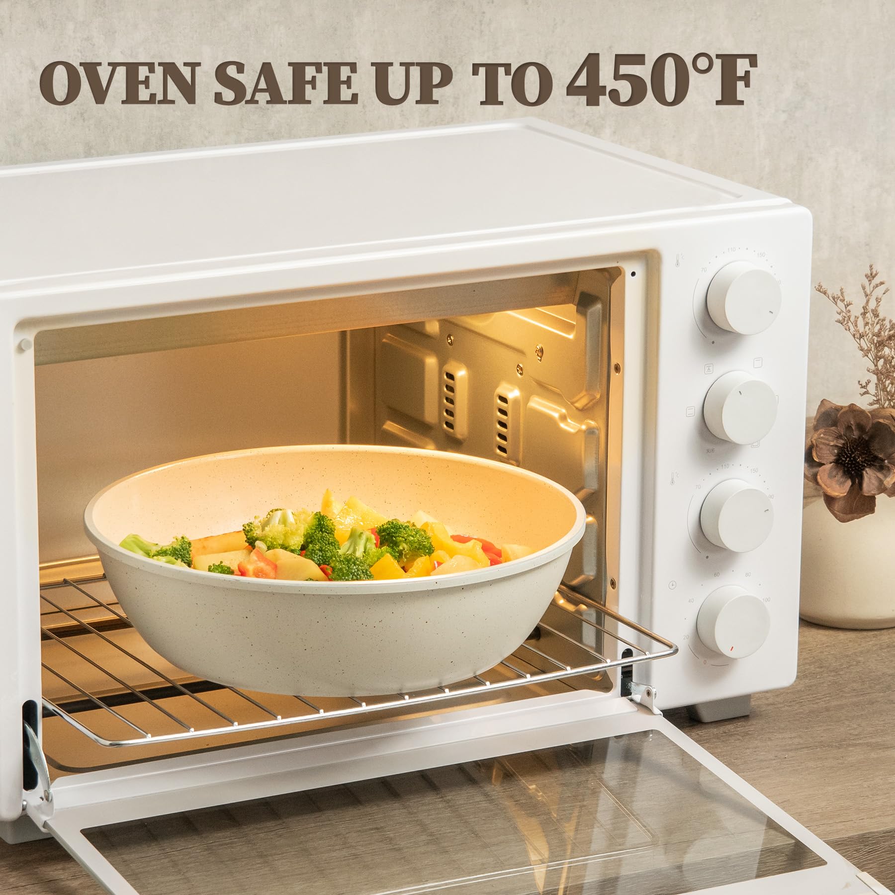 Keramik Topfsets Pfannenset 23 Teilig Antihaft Kochgeschirr mit Abnehmbarem Griff Stapelbar Topfset Für alle Herdarten, Bratpfanne 20/26cm, Milchtopf 18cm, Schmorpfanne 24cm Ofenfest Beige