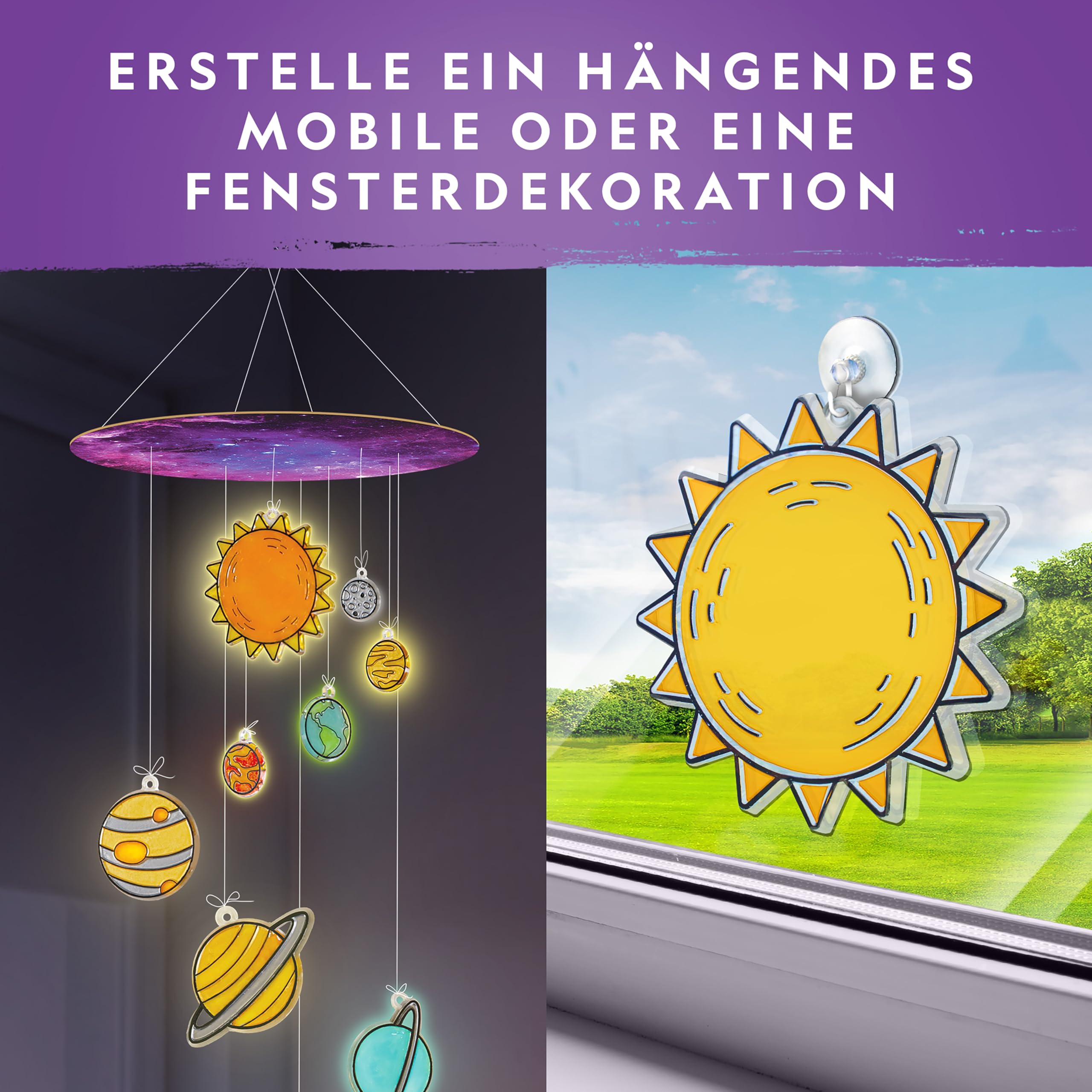 Blue Marble NATIONAL GEOGRAPHIC Fensterkunst-Kit für Kinder – Bastelset Sonnensystem im Glasmalerei-Stil mit leuchtenden Planeten, als Fensterbild oder Mobile für Decke & Weltraum-Deko verwenden