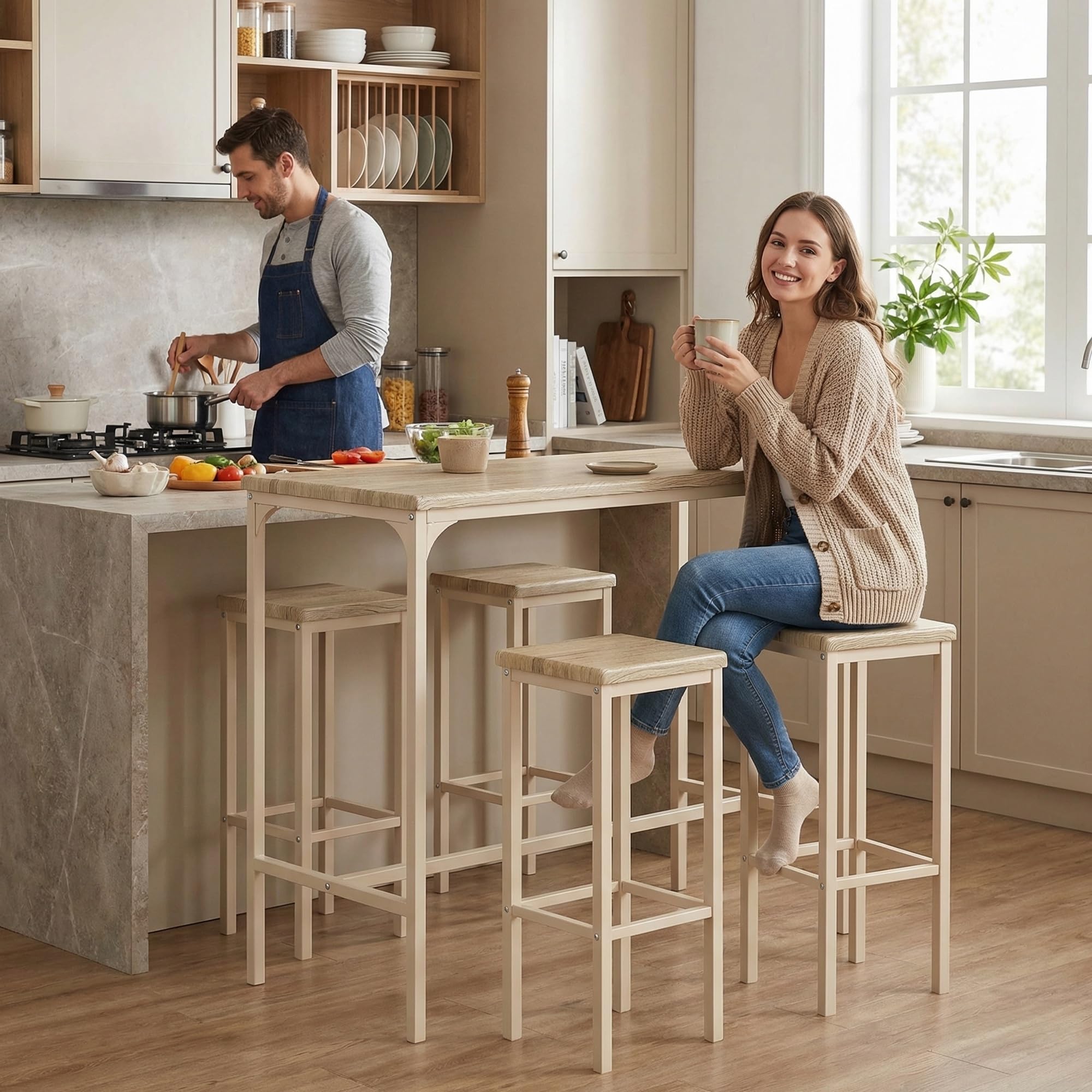 YELLOO Mod. RICCIONE Set de Mesa de Cocina Bar y 4 TABURETES Color Beige 110 cm x 66 cm x 110 cm Altura