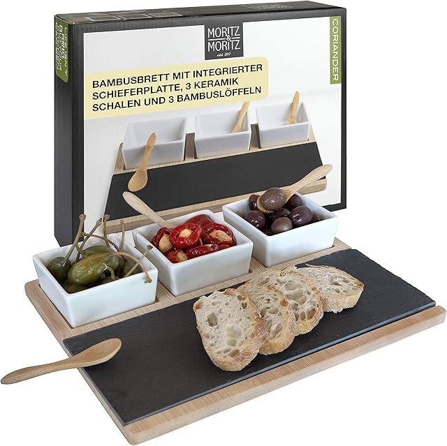 Moritz & Moritz 7 pcs Serving Set Coriander - Tray Bamboo and Slate Serving Tray with Ceramic Bowls and Bamboo Spoons - Chip and Dip Platter as Tapas Bowls, Dip Bowls, Snack Bowls and Candy Dish