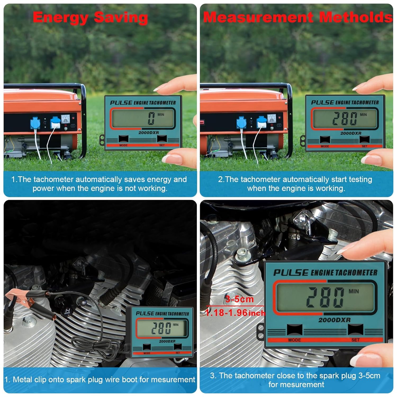 Compte-tours Numérique à Induction, Tachymètre LCD Précis avec Compteur d’Heures (jusqu’à 30.000 tr/min), pour Tronçonneuses, Tondeuses, Motos et Motoneiges