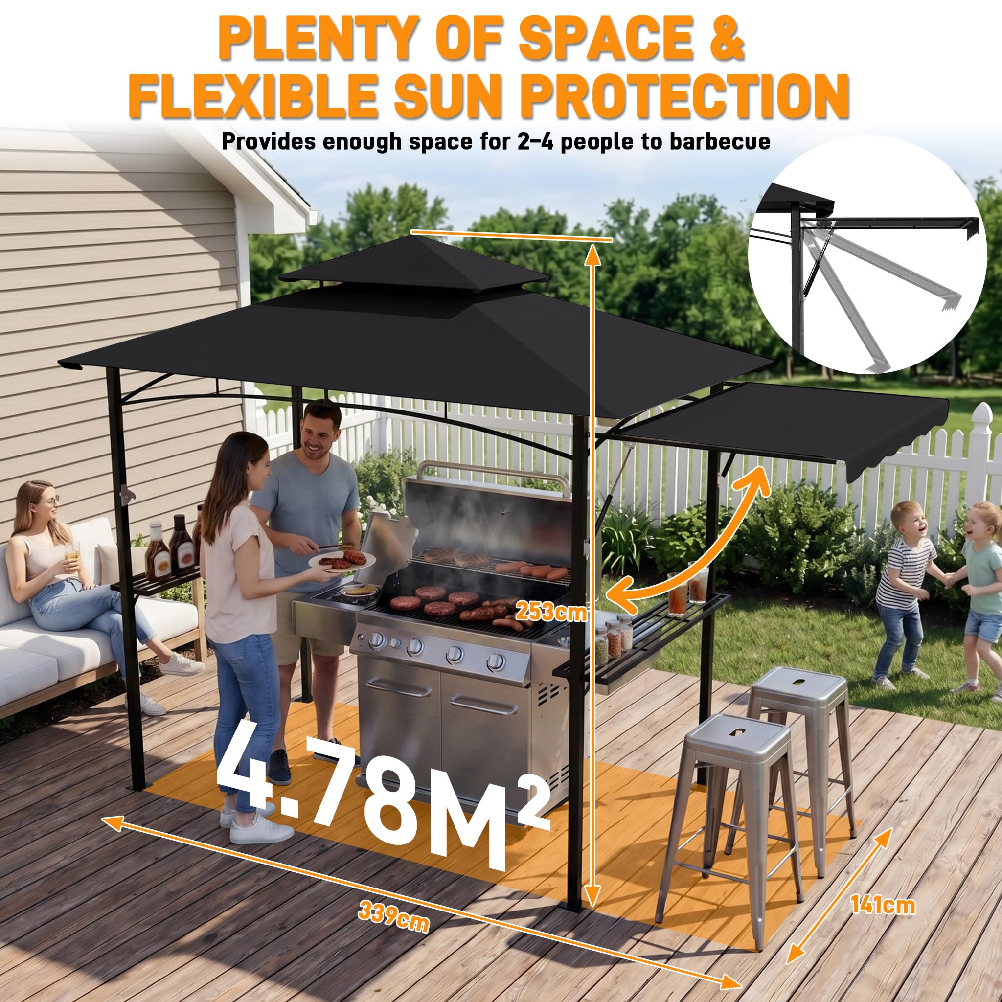 UISEBRT Pavillon da barbecue con tenda laterale estraibile, riparo per barbecue con 2 ripiani, ganci e apribottiglie, doppio tetto resistente agli agenti atmosferici per ventilazione e scarico del