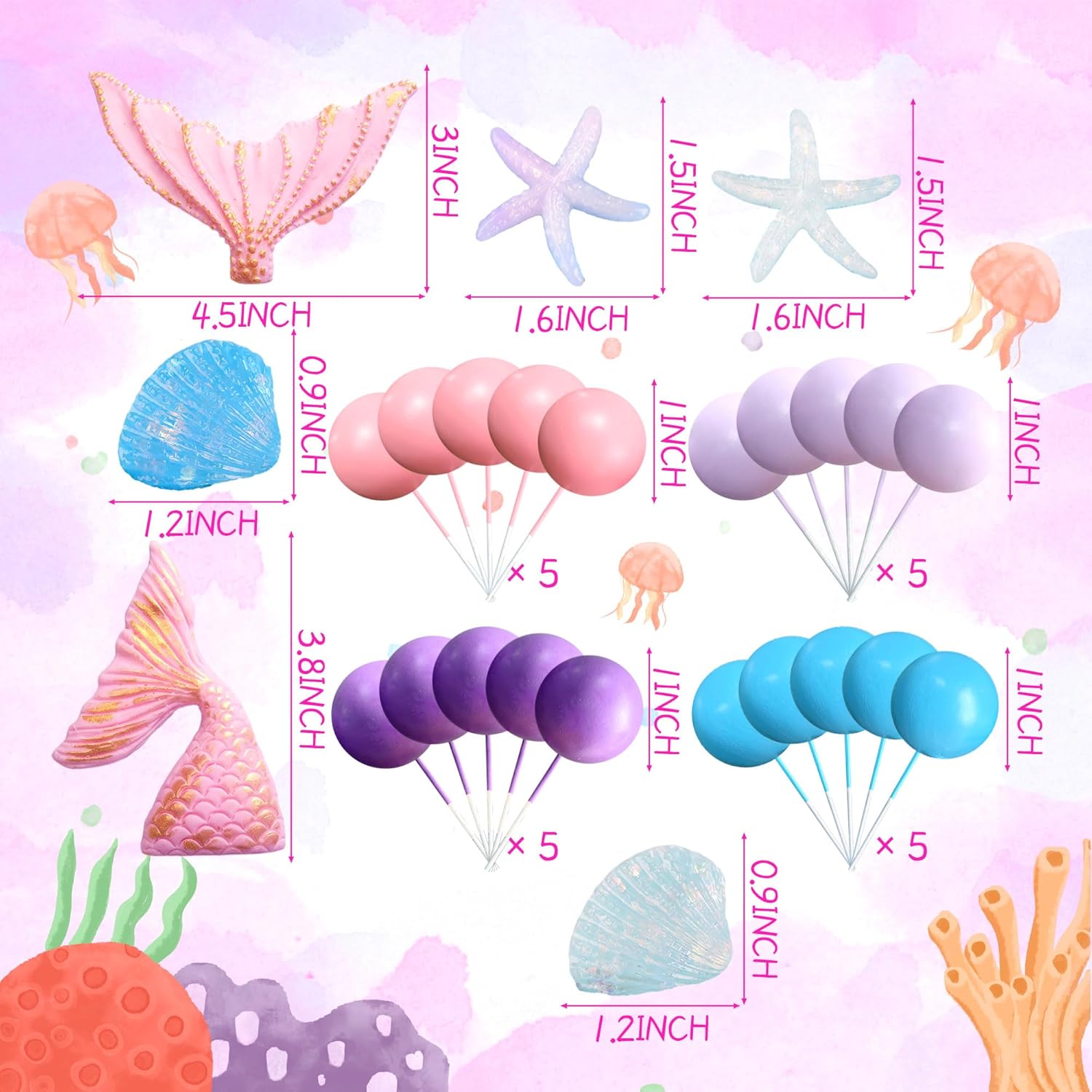 JeVenis Purple Pink Little Mermaid Cake Topper Under the Sea Cake Decoration Seashell Mermaid Tail Cake Topper Party Supplies - Image 5
