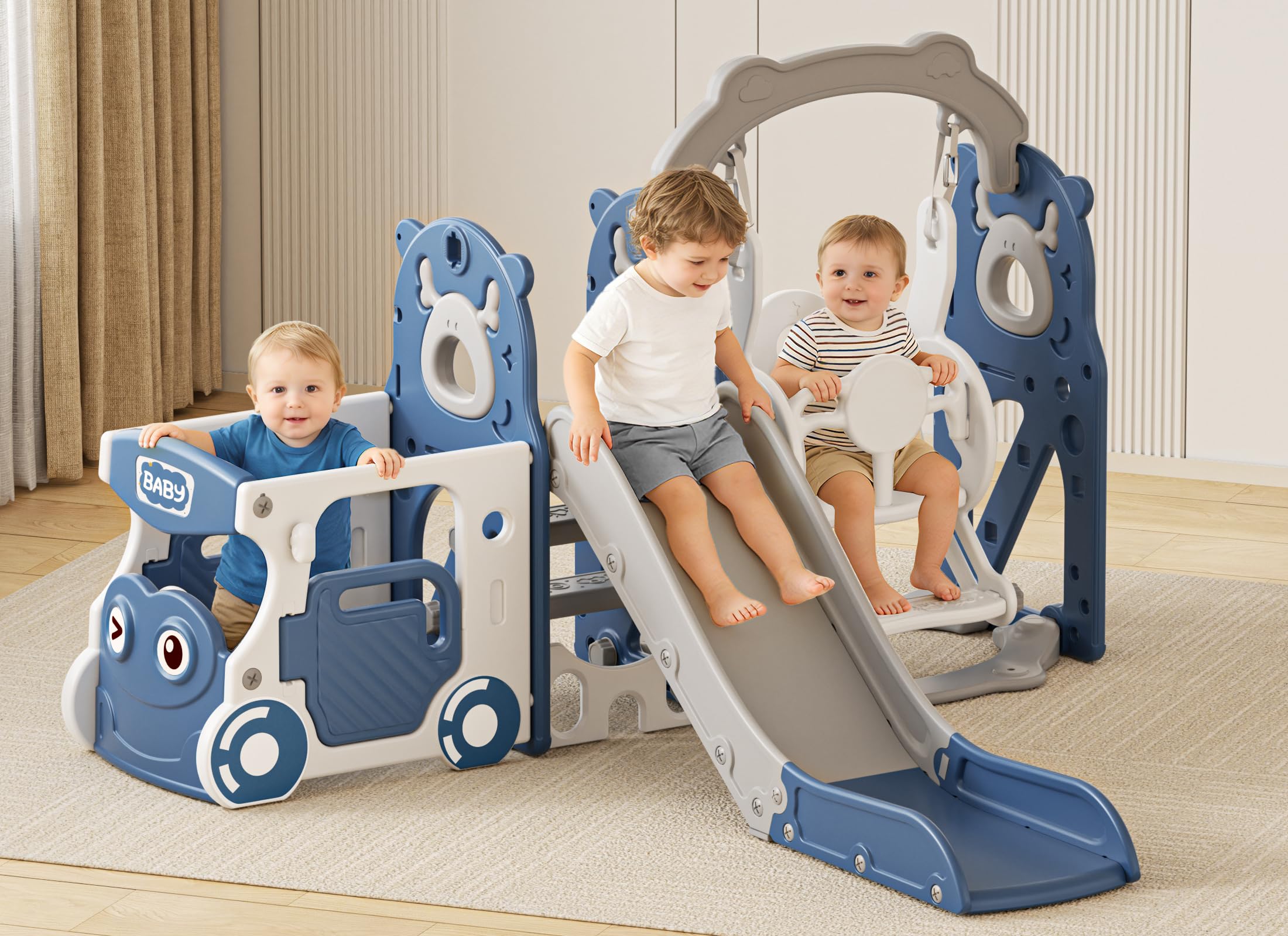 XJD 10 in 1 Toddler Slide, Kids Slide for Toddlers 1-3, Toddler Play Climber Slide Playset with Basketball Hoop and Ball,Toddlers Outdoor Indoor Playground (Blue Glay, Medium)