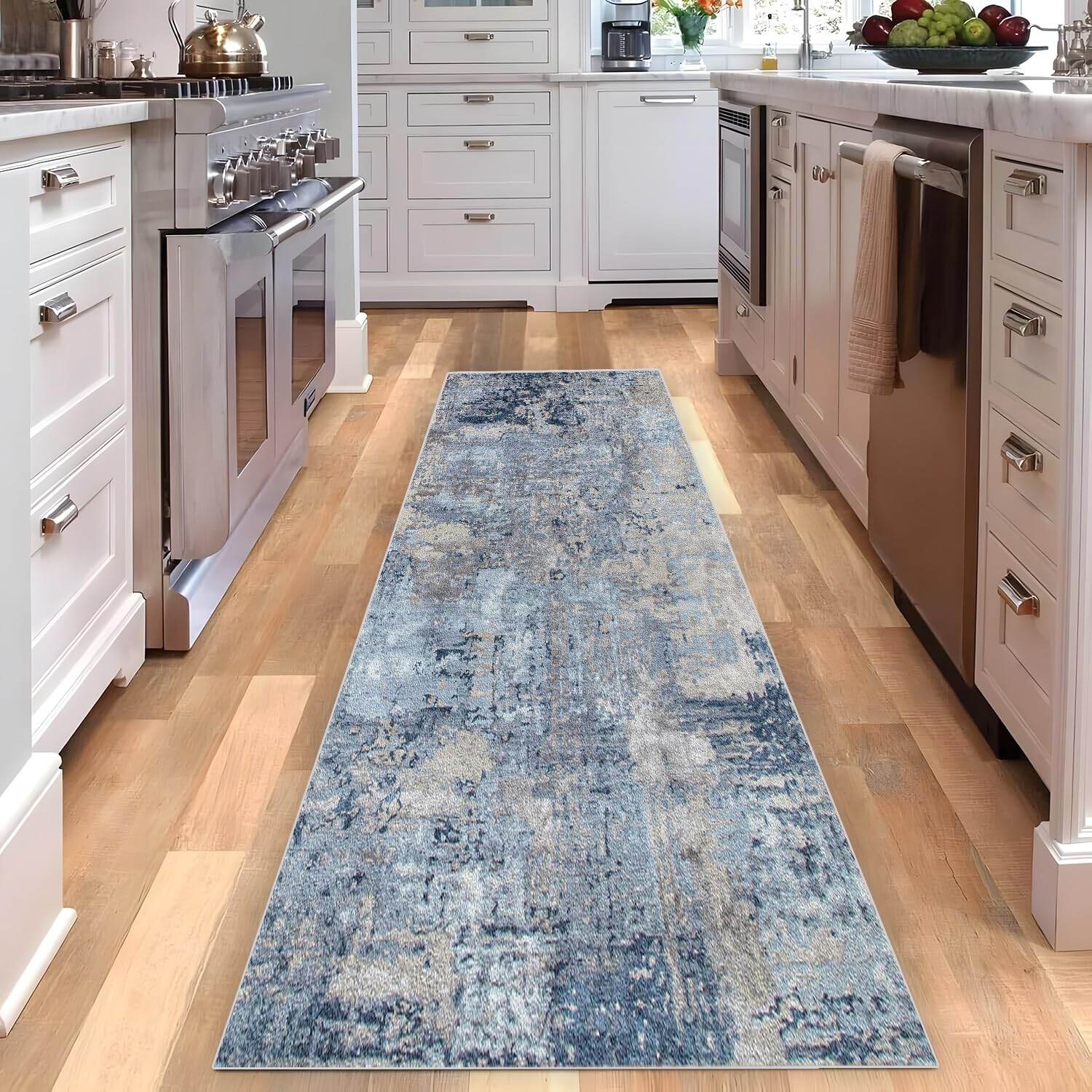 Tappeto Runner 60x120 Cm Lavabile - Motivo Astratto Blu/oro, Fondo Antiscivolo, Per Corridoio, Cucina, Ingresso, Bagno