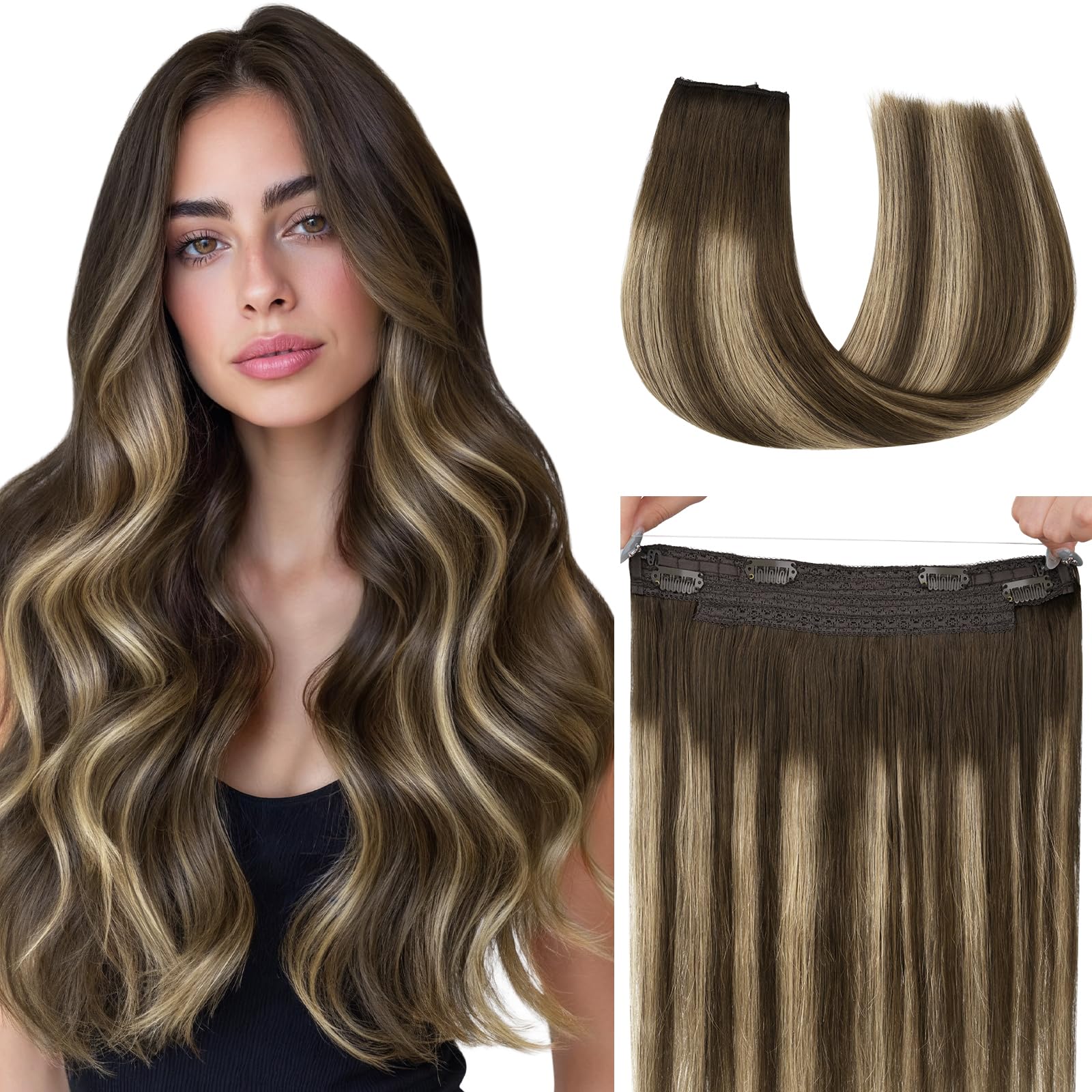 hotbanana Extension Capelli Veri con Filo Invisibile, 45cm 95g Balayage Marrone Cioccolato a Biondo Miele Capelli Umani Remy Lisci, Invisible Wire Hair Extensions, Extension in Capelli Veri