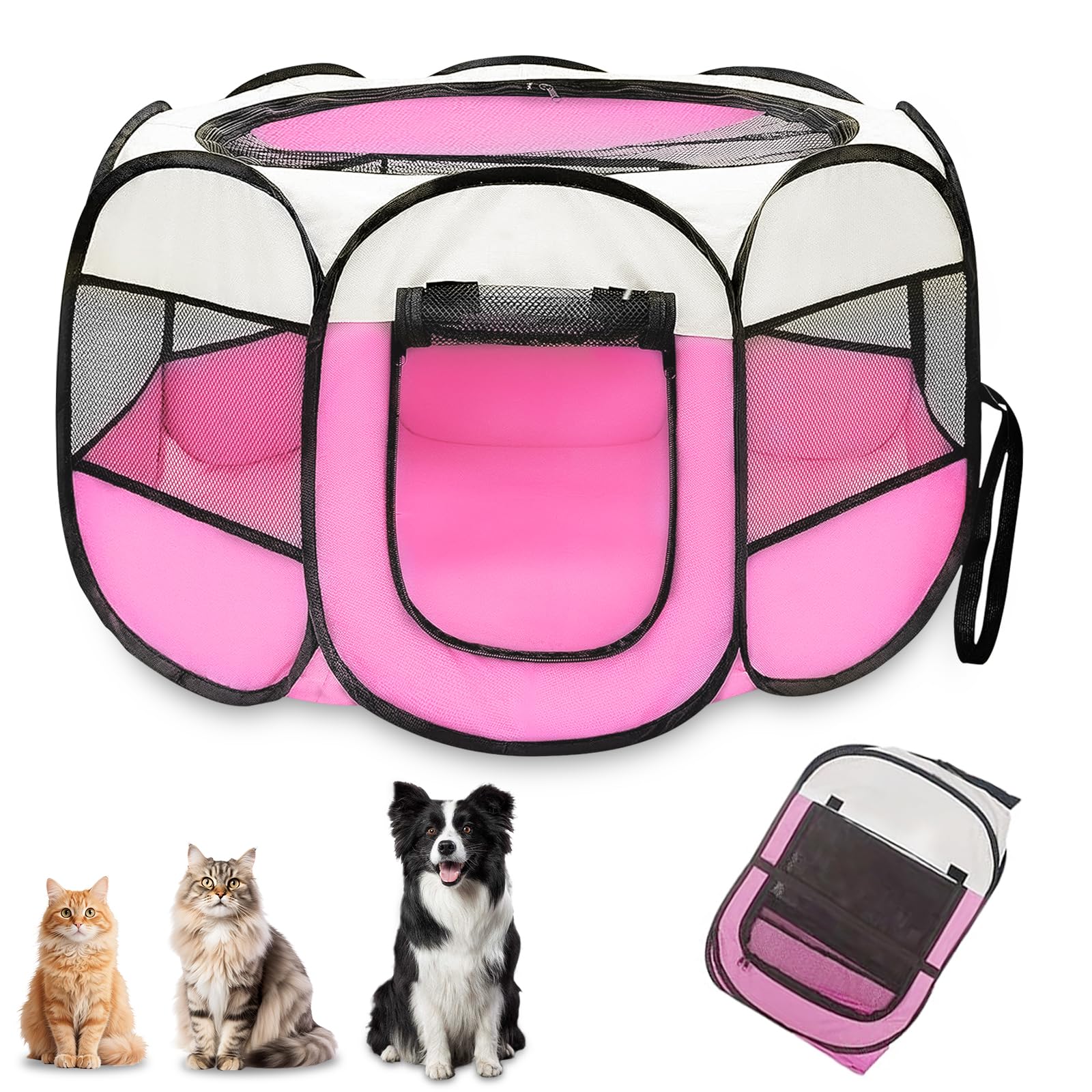 Parque plegable para cachorros, 74 x 74 x 43 cm, parque portátil para animales pequeños, recinto para cachorros y gatos, interior y exterior, recinto libre para perros, gatos, conejos (rosa)