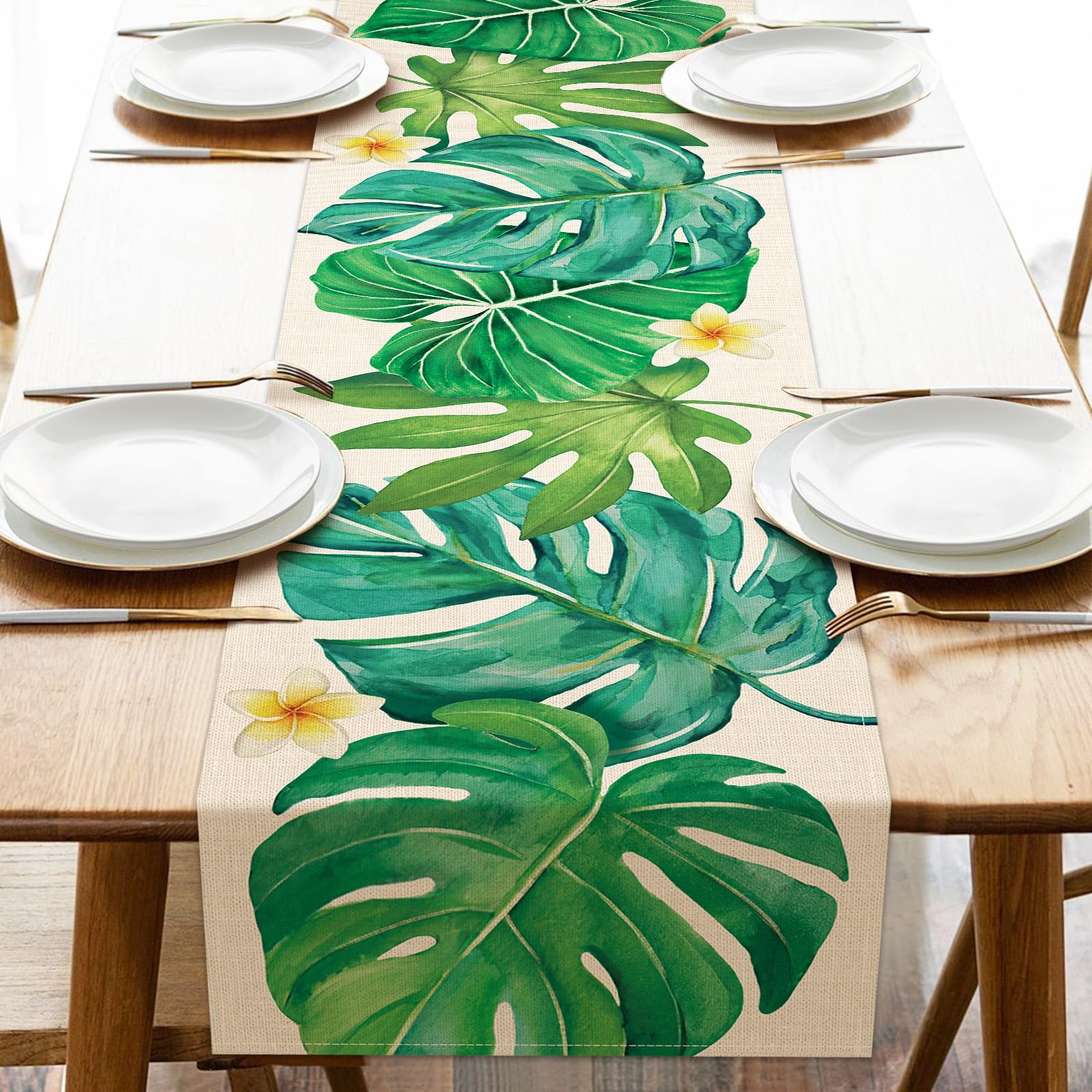 Croar Summer Monstera Palm Leaves Dining Table Runner, Tropical Plant Greenery Frangipani Burlap Kitchen Decoration, Spring Seasonal Indoor Outdoor