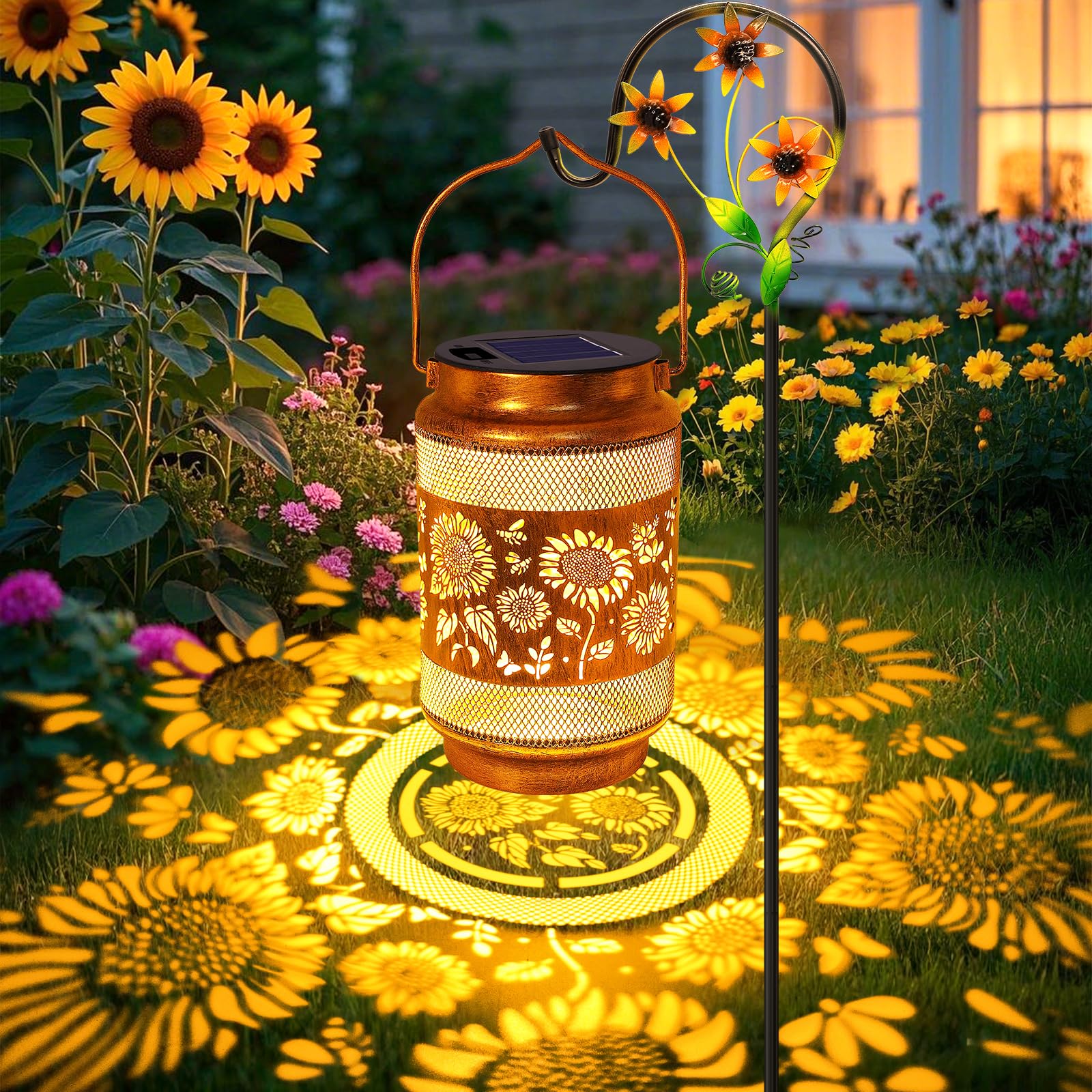 Lanterne solari per esterni, impermeabili, decorazione da giardino, regalo di compleanno per donne, mamma, nonna, girasole in metallo, luci solari da appendere con gancio da pastore, per esterni,