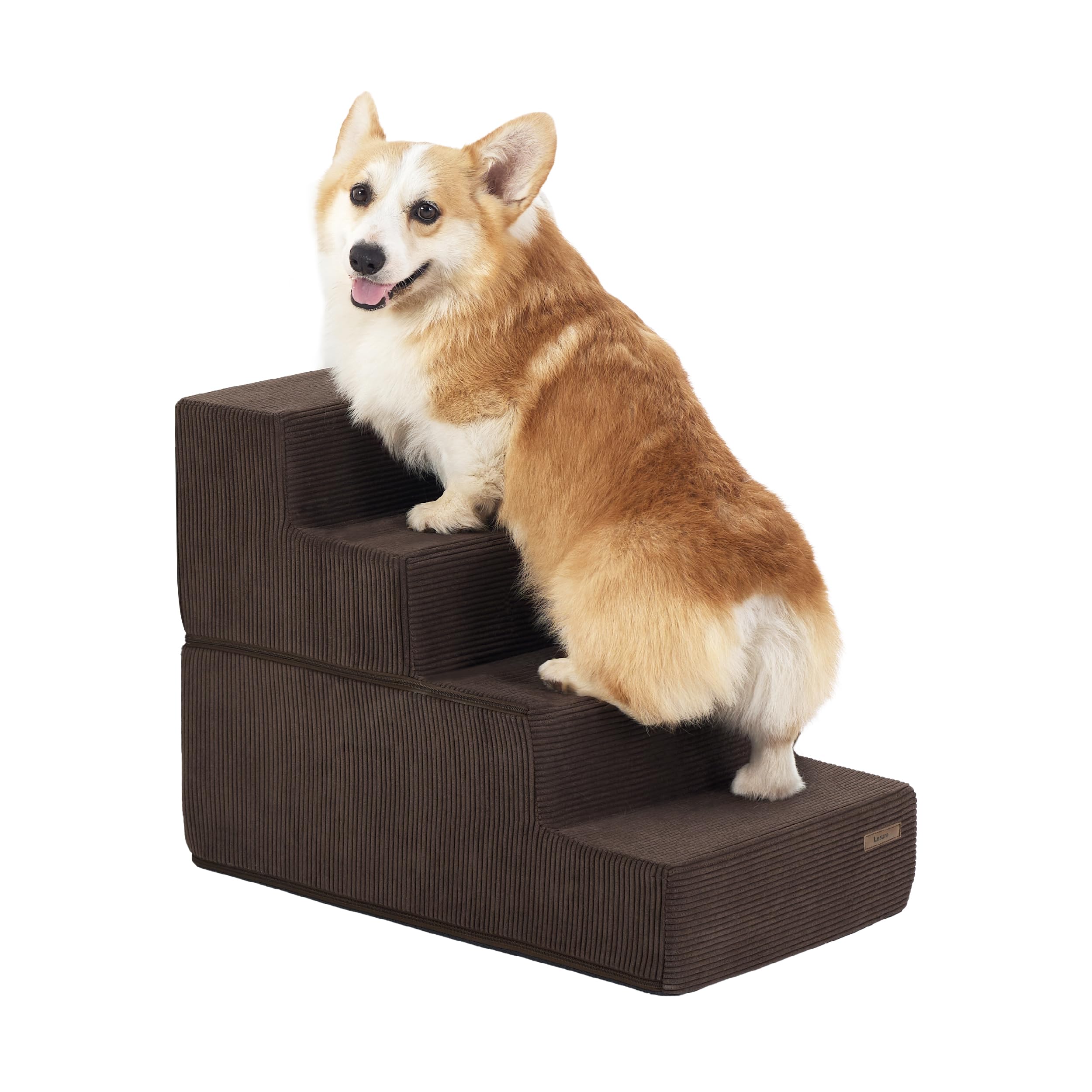 Lesure Dog Stairs for Small Dogs - Pet Stairs for High Beds and Couch, Folding Pet Steps with CertiPUR-US Certified Foam for Cat and Doggy, Non-Slip Bottom Dog Steps, Brown, 4 Steps
