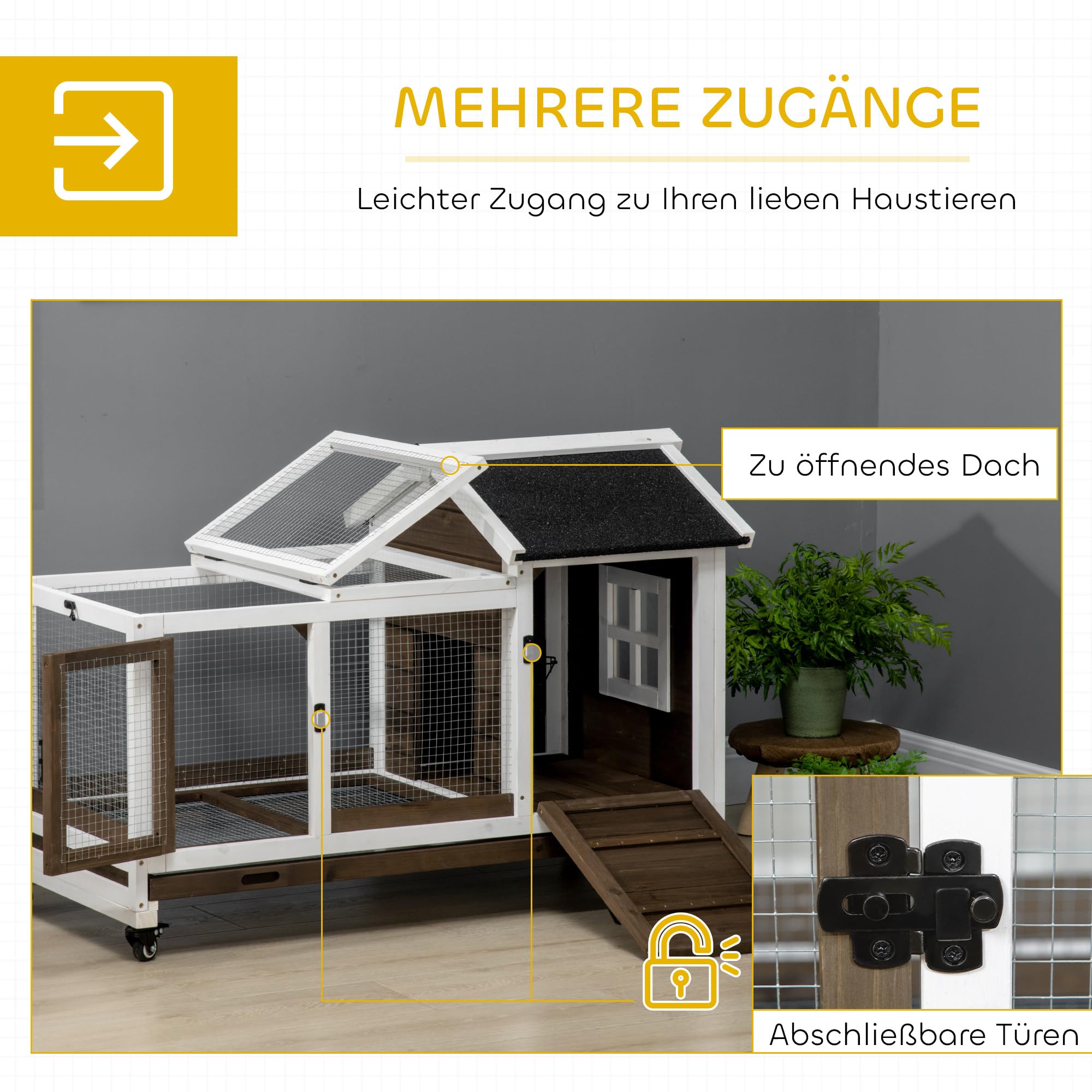 PawHut Zwergkaninchenstall aus Holz mit Rädern 108 x 58 x 73,5 cm Kaffee | Kleintierstall mit Freilaufgehege, Klappdach, Zwergkaninchenkäfig mit Ausziehbarem Tablett, für Indoor, Outdoor