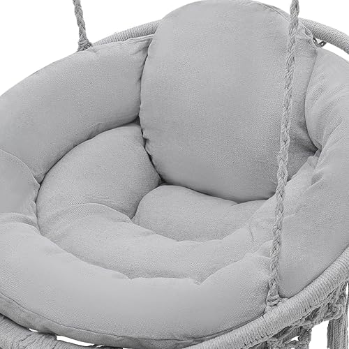 Miniatura 10 de Magshion Hamaca de 2 asientos con 3 cojines, columpio colgante de macramé con borlas, malla de cuerda de algodón estilo bohemio para uso en