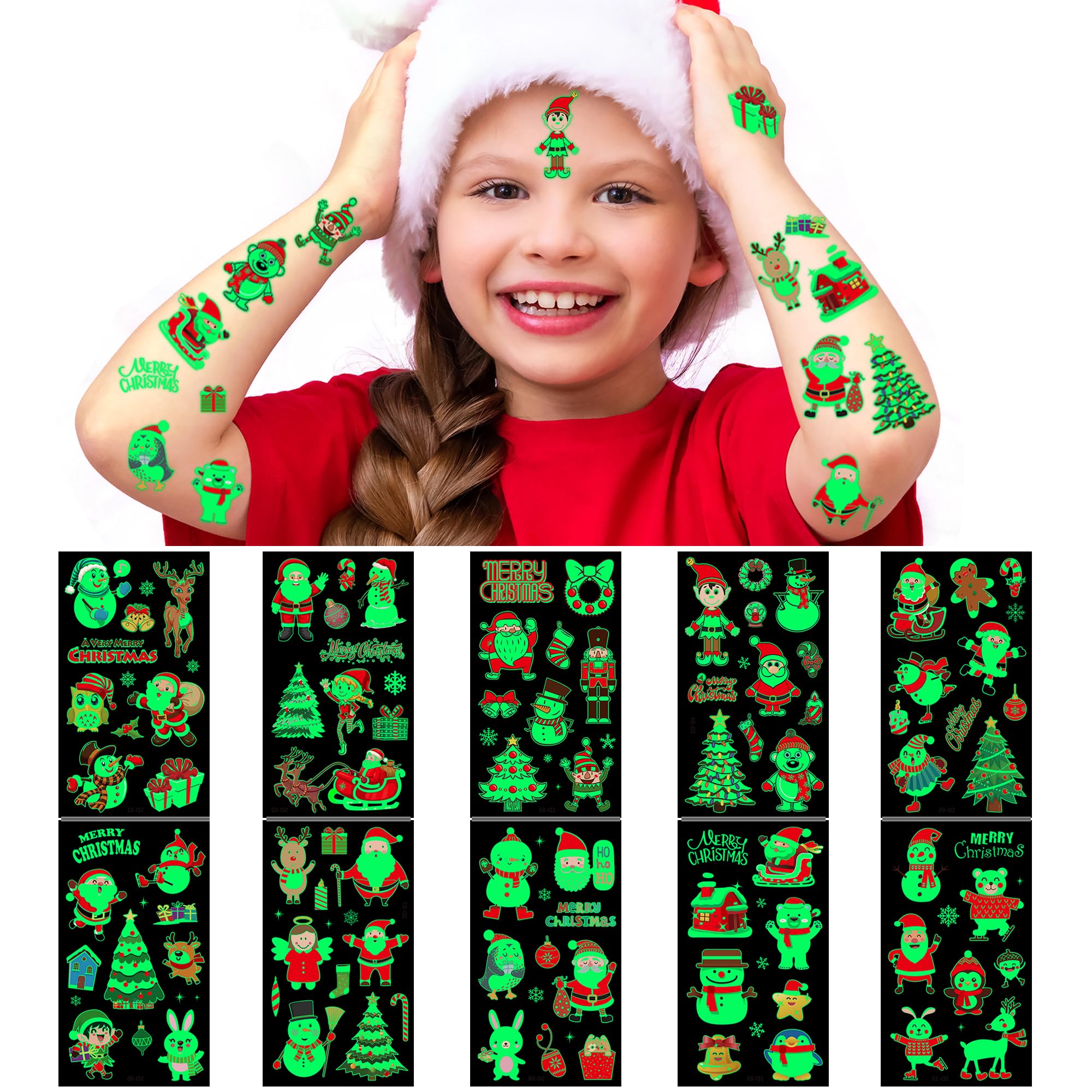 10 Sheets Luminous Christmas Tattoos for Kids, Christmas Temporary Tattoos, Bulk Stocking Stuffers for Kids, Merry Xmas Party Decorations Supplies, Xmas Goodie Bag Stuffers Candy