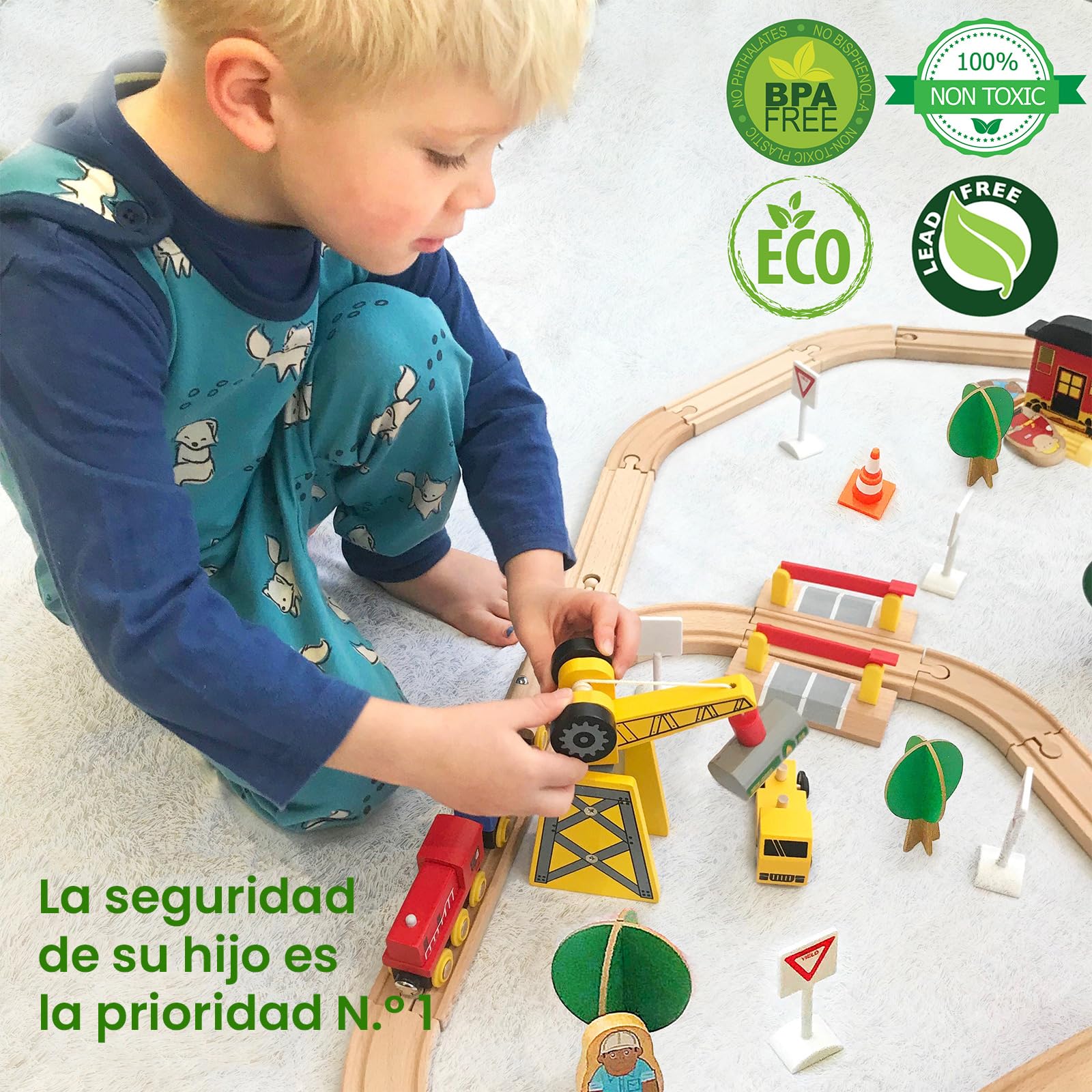 Tiny Land Juego de Trenes de Grúa, 55 Piezas, Pistas de Madera y Grúa Exclusiva y Trenes, Compatible con Otras Marcas líderes, Kit de Ferrocarril de Juguete Empaquetado de Regalo