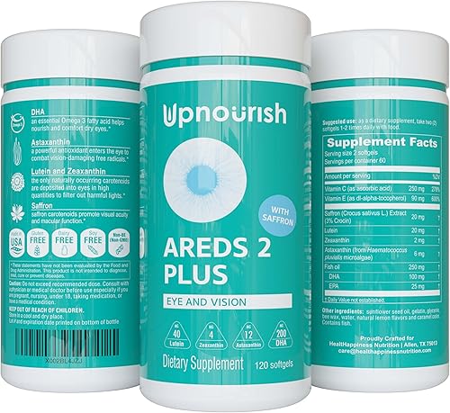 UpNourish AREDS 2 Plus Suplemento vitamínico para ojos, fórmula libre de zinc AREDS 2 con luteína, zeaxantina, azafrán, astaxantina y DHA - 120