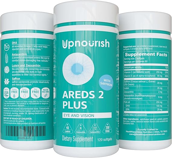 UpNourish AREDS 2 Plus Eye Vitamin Supplement, AREDS 2 Zinc Free Formula with Lutein, Zeaxanthin, Saffron, Astaxanthin & DHA - 120 softgels