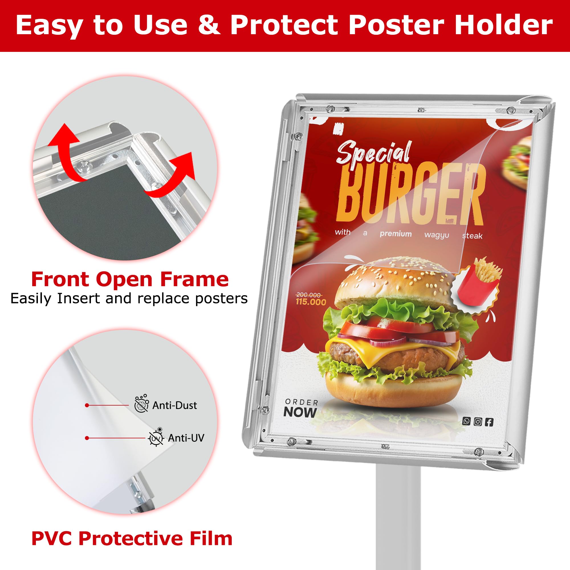 Paquete de 3 soportes resistentes para carteles de pie de 8.5 x 11 pulgadas, soporte de pie con base pesada, soportes verticales y horizontales para carteles/menús para publicidad en interiores