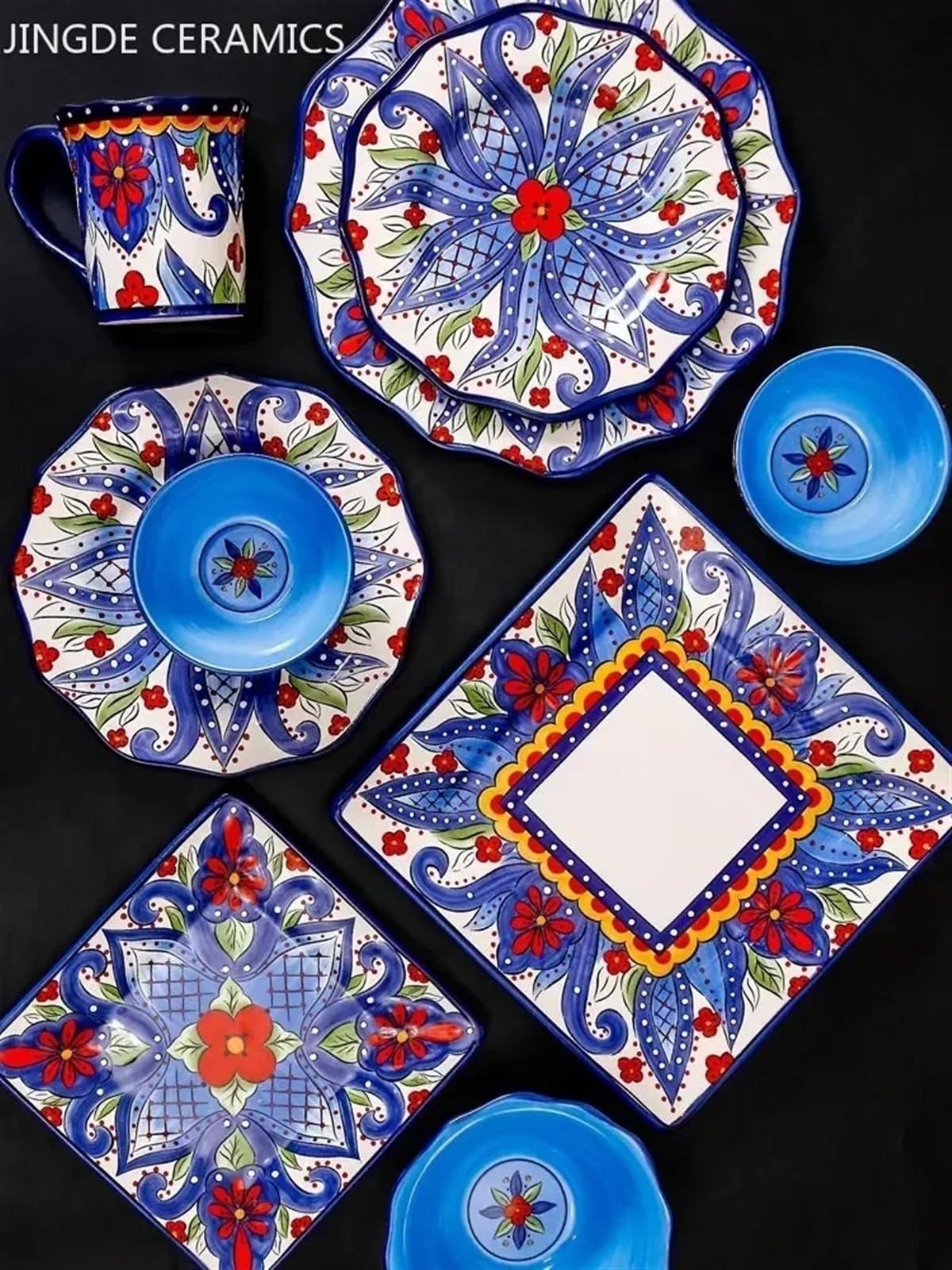 Vaisselle en céramique peinte à la main - Assiette plate en porcelaine colorée sous vernis (Style q)