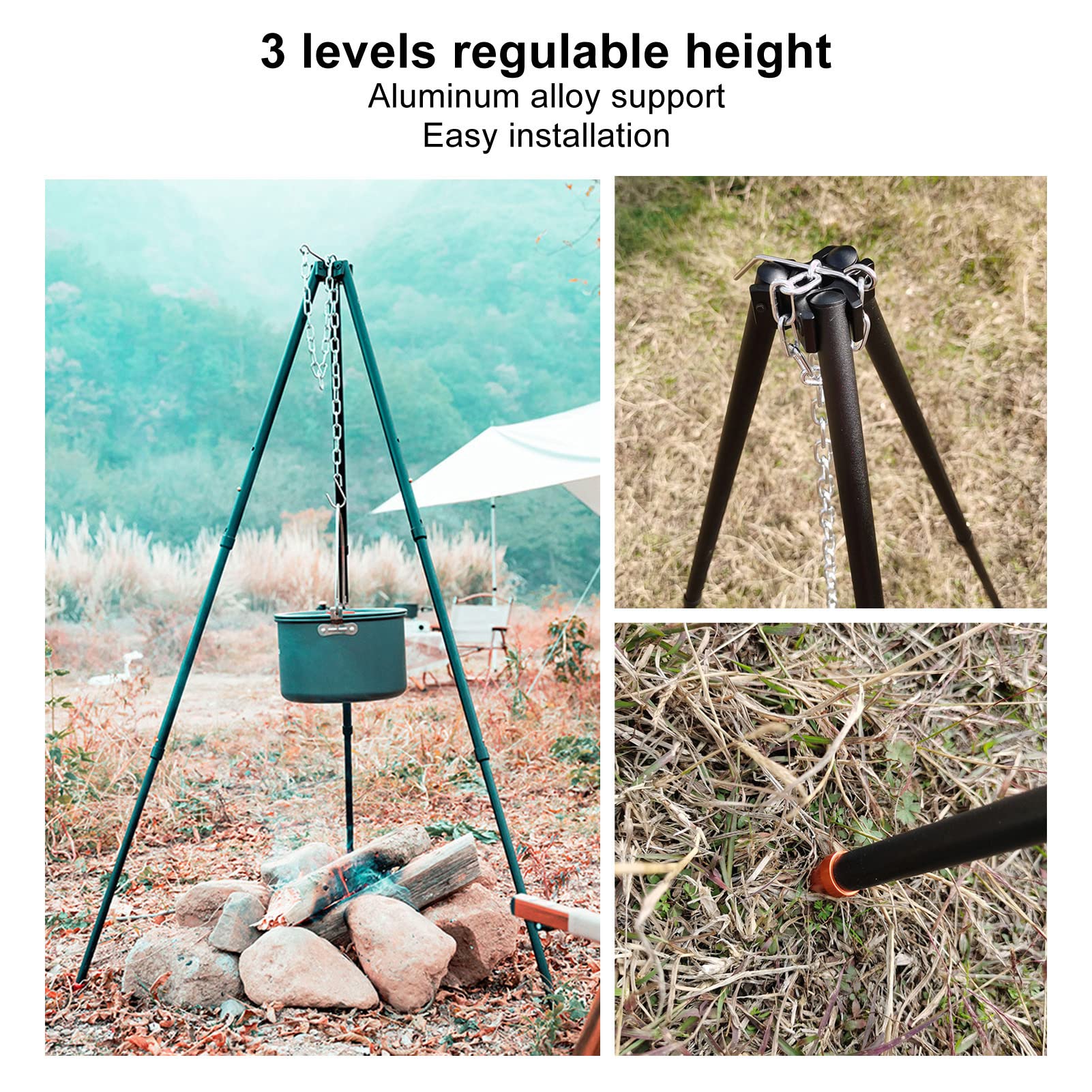Gavigain Camping Tripod, Height Regulable Fire Cooking Tripod, Campfire Tripod with Anti Slip Protective Foot and Carrying Bag