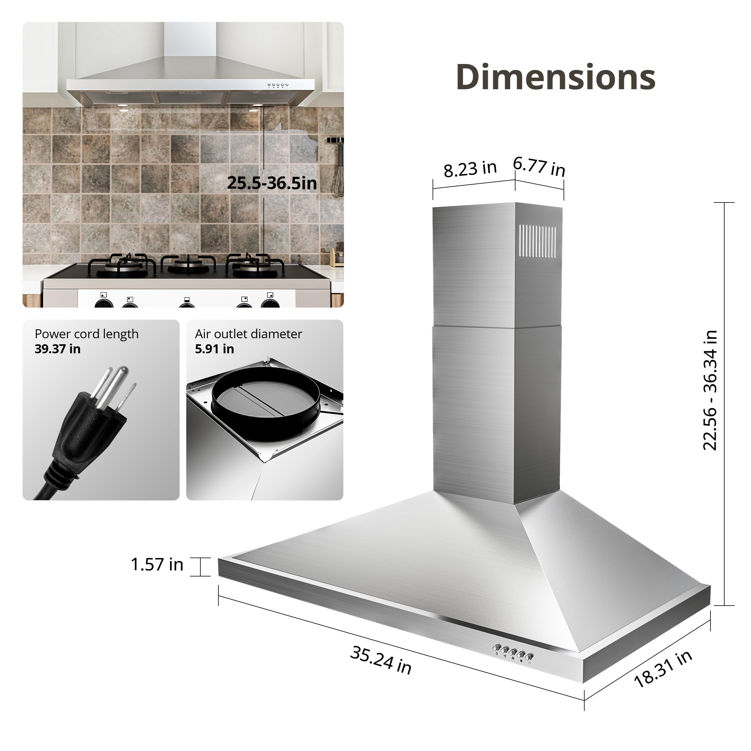Campana extractora de 36 pulgadas con convertible con conductos/sin conductos, 450 CFM de acero inoxidable para montaje en pared, campana de cocina estilo chimenea, campana de ventilación 7