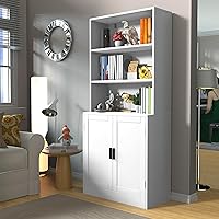 Holzart 75" Tall Bookcase with Doors, 5-Tier Large Bookshelf & Cabinet - White Wood Display Shelf for Living Room, Office, Library