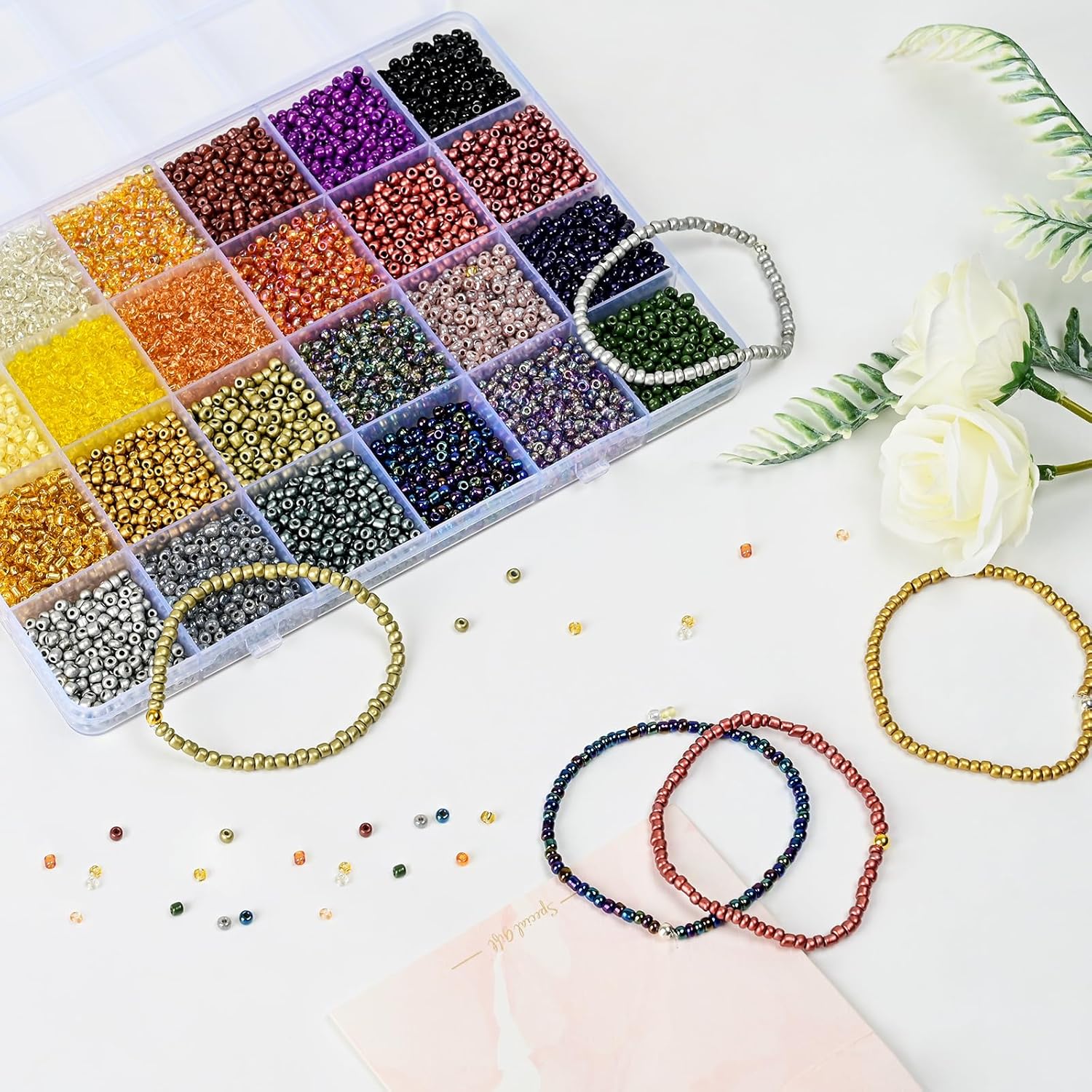 Vtssvow 3mm Glass Seed Beads for Bracelets Making, 24 Colors 10000pcs Friendship Bracelet Making Kit, Small Glass Beads for Jewelry Making (Mix 24 Color, Metallic) - Image 5