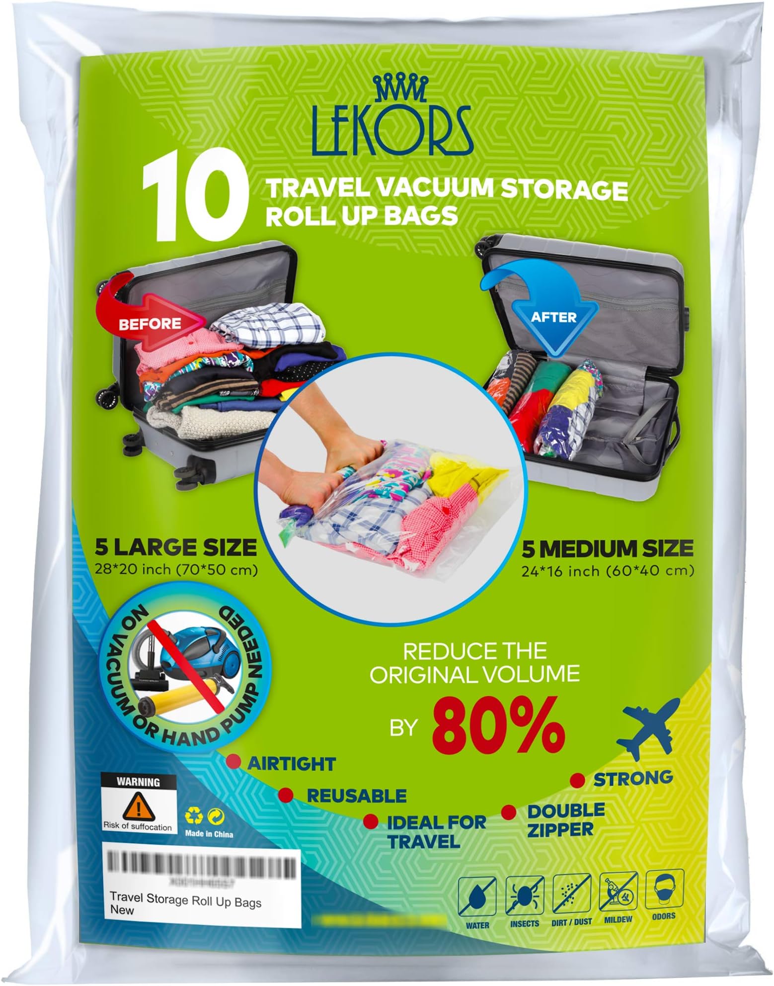 Travel Space Saver Bags - 5 Medium and 5 Large Roll Up Storage Bags - Pack of 10 Compression Packing Bags - Double Zipper - Reusable - No Vacuum or Pump Needed