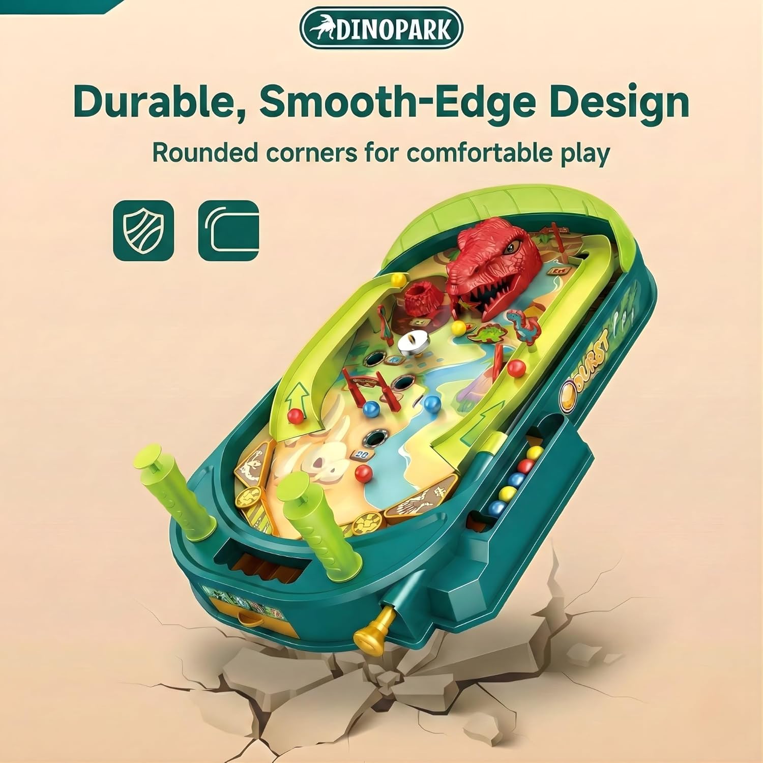 Dino Pinball Machine — Tabletop Arcade Game with Obstacles, Pull-Rod Launcher, Flippers, Dinosaur Targets & Scoring Zones, 1-2 Player Mini Pinball for Kids Ages 3+