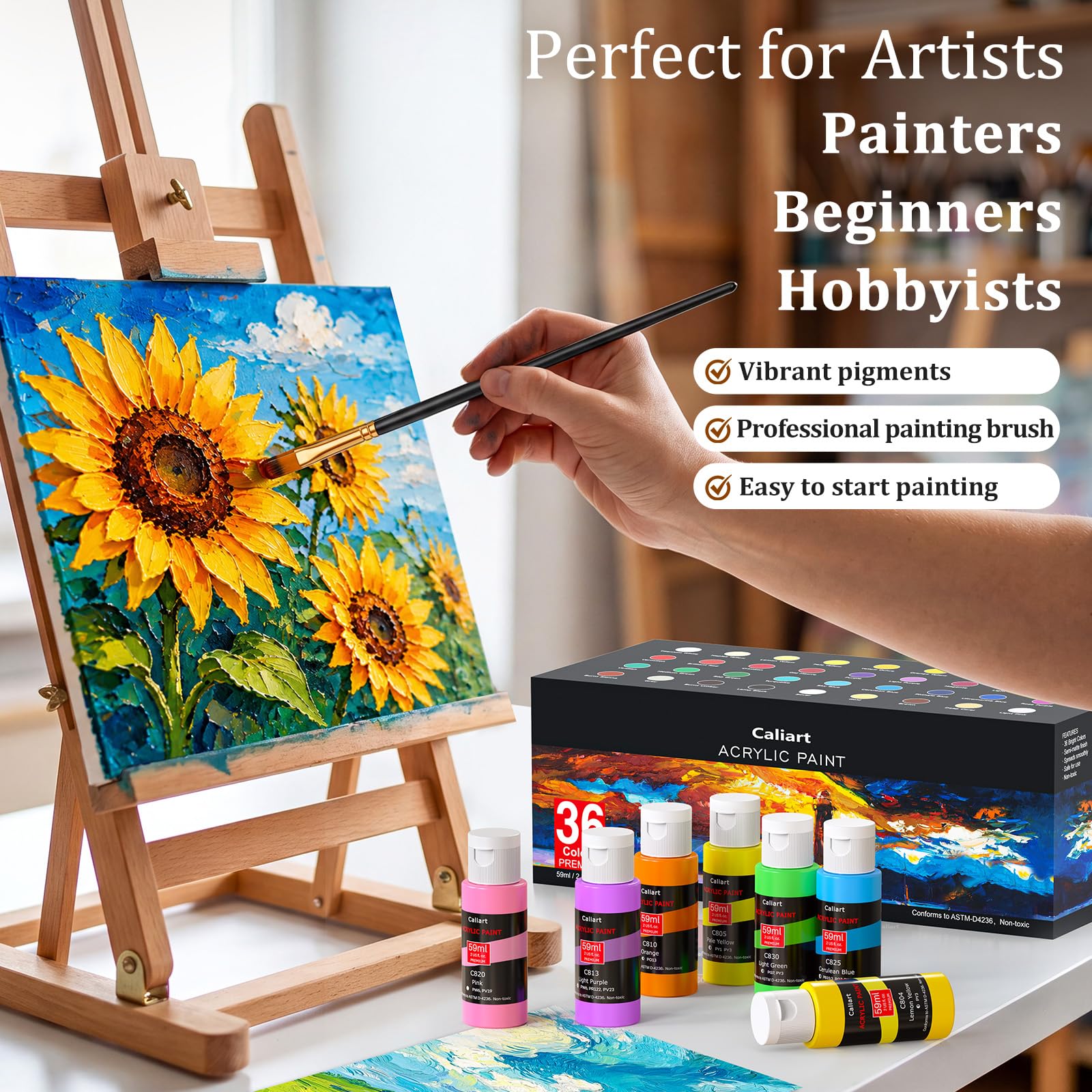 Caliart Acrylfarben-Set mit 12 Pinseln, 36 Farben (59 ml), Kunsthandwerk Farben, Geschenke für Künstler, Kinder, Anfänger und Maler, Halloween-Kürbis-Leinwand, Keramik, Steinmalerei-Set, Kunstbedarf