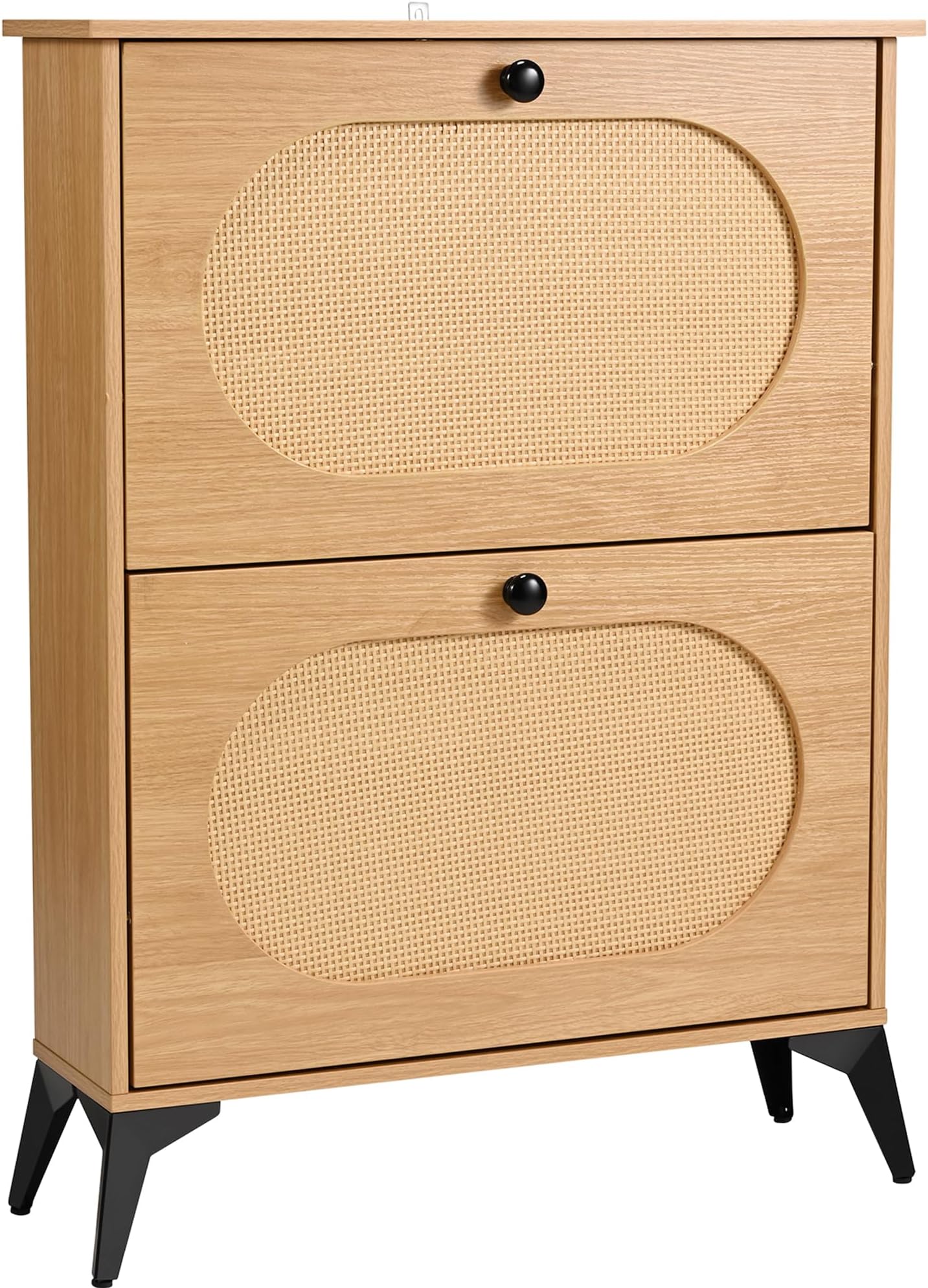 Rattan Shoe Cabinet with 2 Flip Drawers, Hidden Shoes Storage Cabinet with Metal Legs and Hooks, Free Standing Organizer Narrow Shoe Rack Cabinet for Entryway Hallway