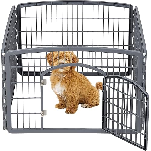 IRIS USA 24" Exercise 4-Panel Pet Playpen with Door, Dog Playpen, Puppy Playpen, Small and Medium Dogs, Keep Pets Secure, Easy Assemble, Rust-Free, Heavy-Duty Molded Plastic, Customizable, Gray