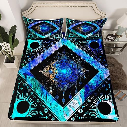 Erosebridal Juego de sábanas de tamaño individual, diseño bohemio de atrapasueños, sol y luna, estilo bohemio, exótico, psicodélico, nebulosa,