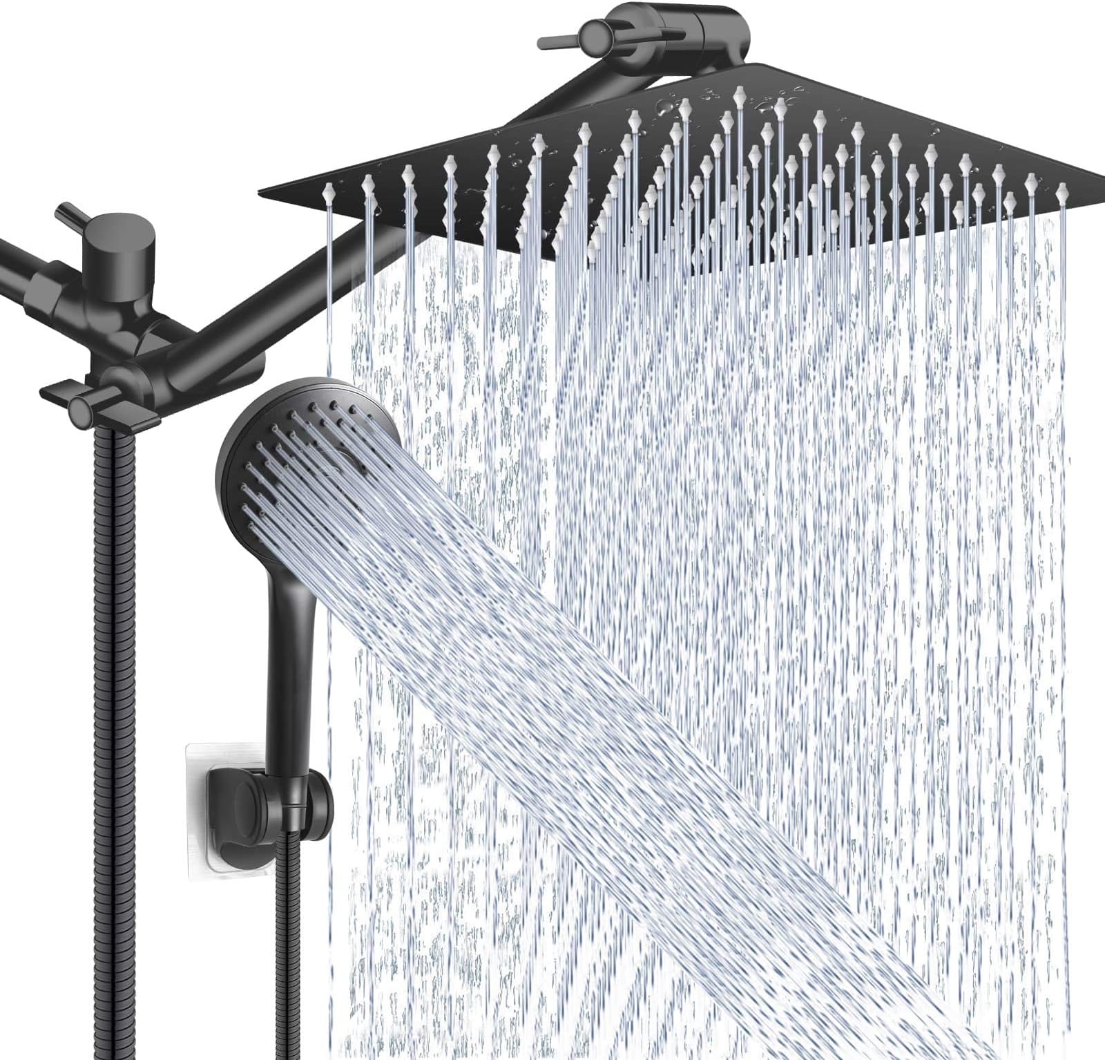 Shower Head Combo,10 Inch High Pressure Rain Shower Head with 11 Inch Adjustable Extension Arm and 5 Settings Handheld Powerful Shower Spray Against Low Pressure Water - Matte Black