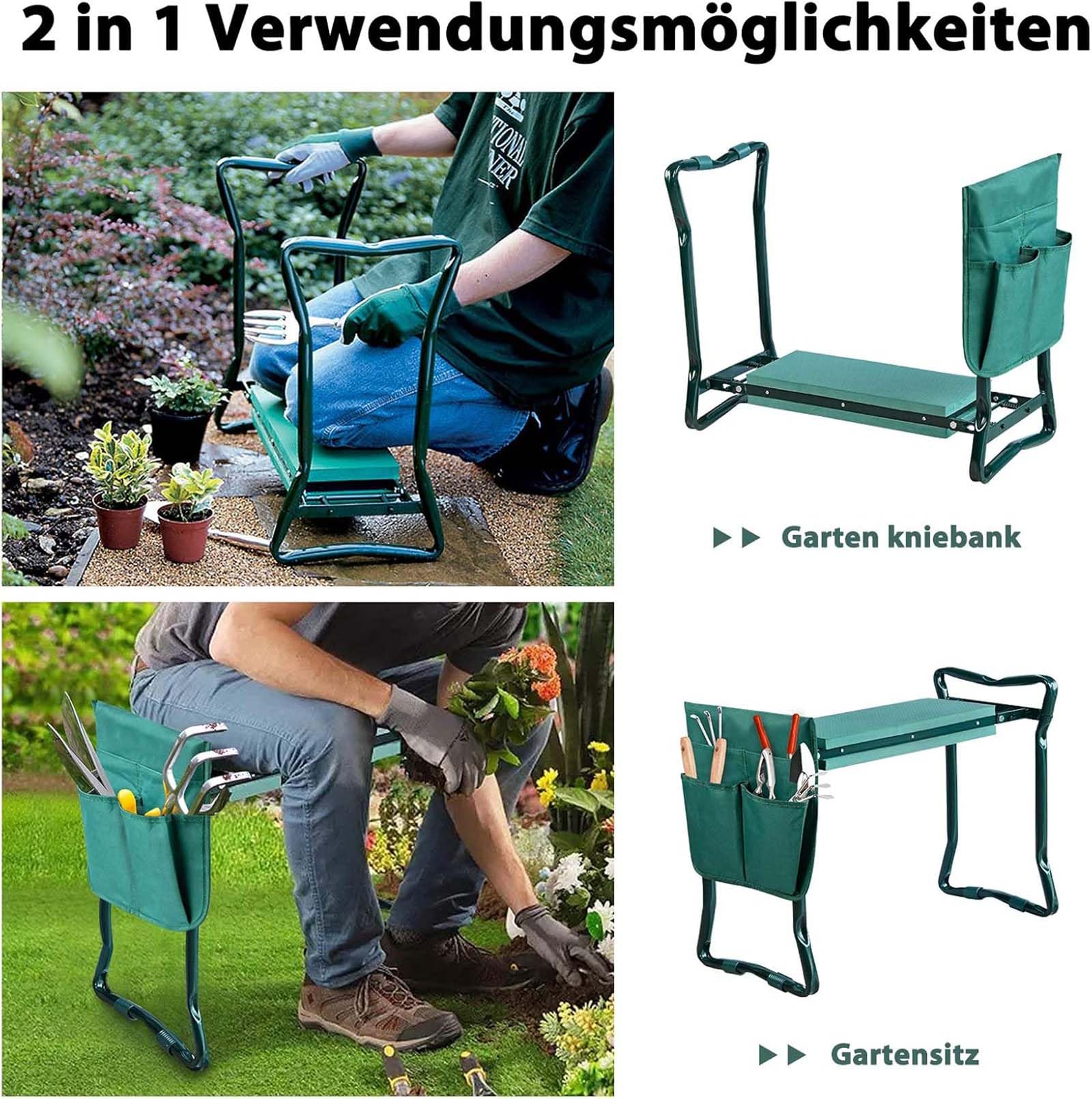 Gartenhocker Kniestuhl Kniebank für gartenarbeit Kniekissen Gartenbank 2 in 1 mit Eva-Schaumkissen und Werkzeugtasche Kniestuhl Kniehilfe Arbeitshocker für Garten 57x44x30 cm (Grün Gartenhocker)