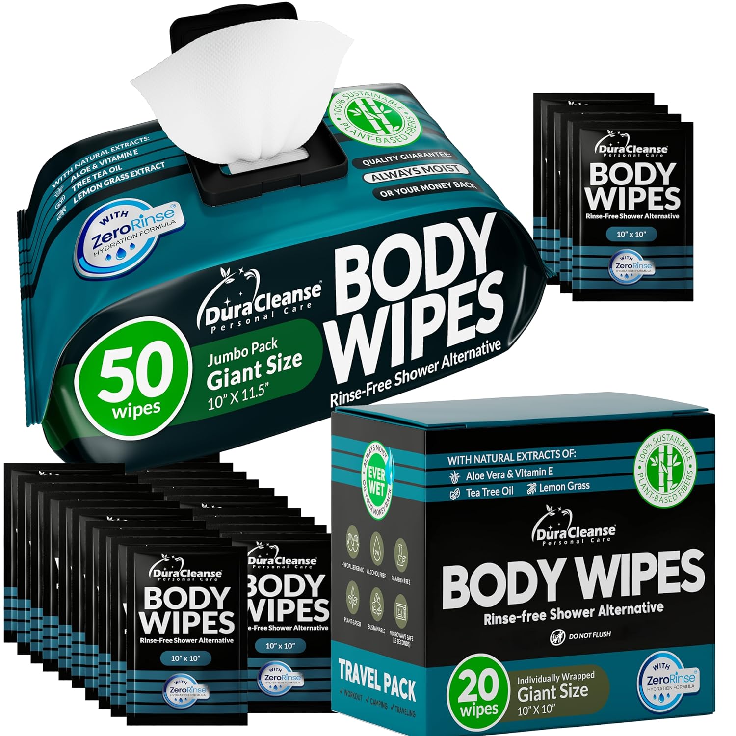 Dura Cleanse Body Wipes Men (50 Count) + Travel Clean Sheets (20 Sachets) - Zero Rinse Extra Large Wipes for Fast Post-Workout Clean & Individually Wrapped Singles for Locker, Car, or Carry-On