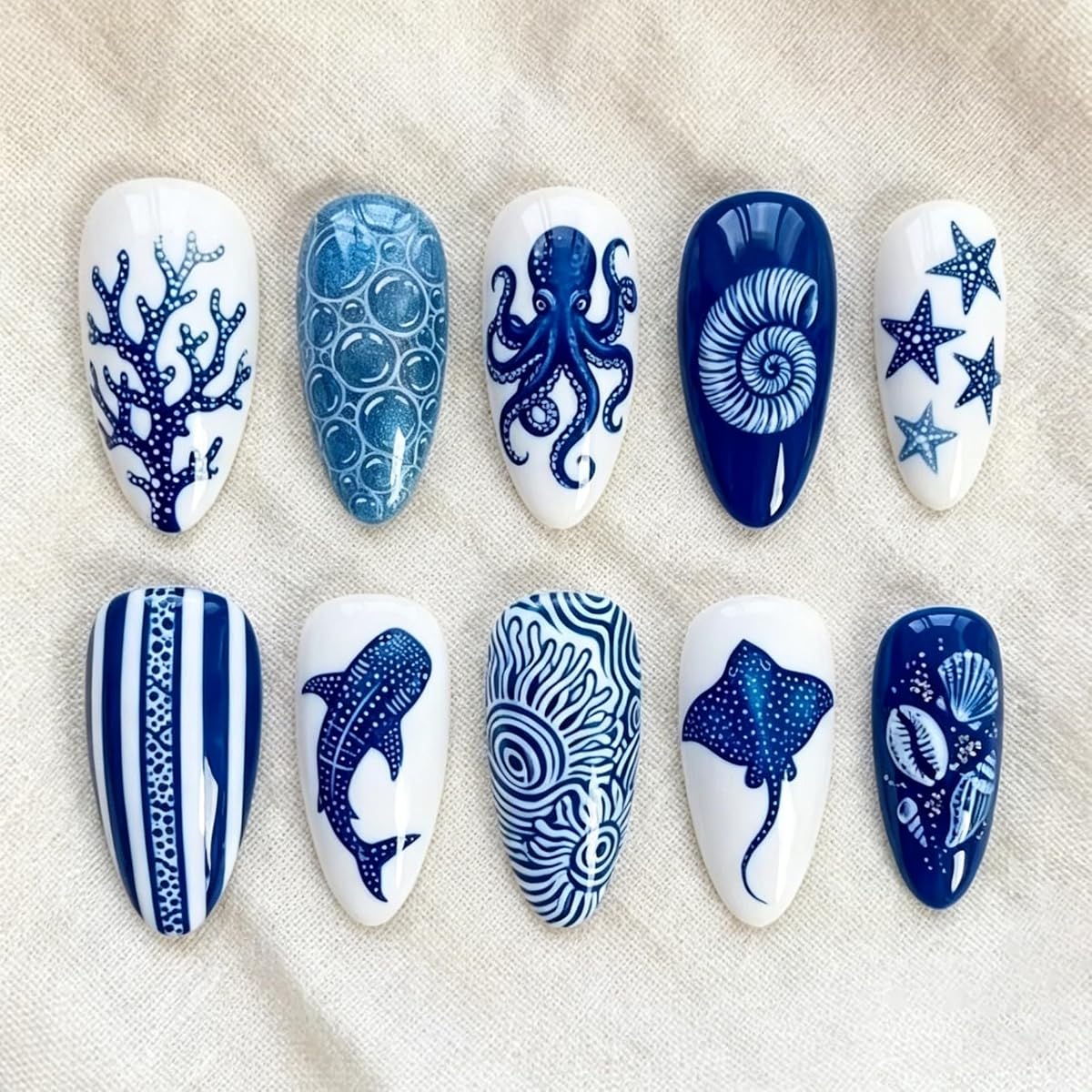 Ocean Press on Nails Medium Almond Fake Nails Nails Press ons Blue White False Nails with Deep Sea Fish Coral Designs Glossy Glue on Nail Reusable Full Cover Stick on Nails for Women 24Pcs