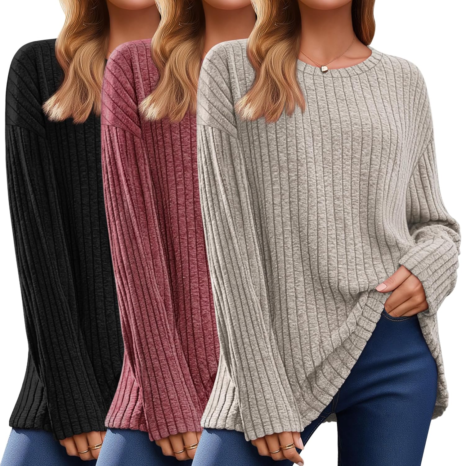 Huukeay 3 Pack Oversized Sweaters for Women Long Sleeve Tops Tunic Ribbed Fall Crew Neck Loose Fit Casual Sweatshirts