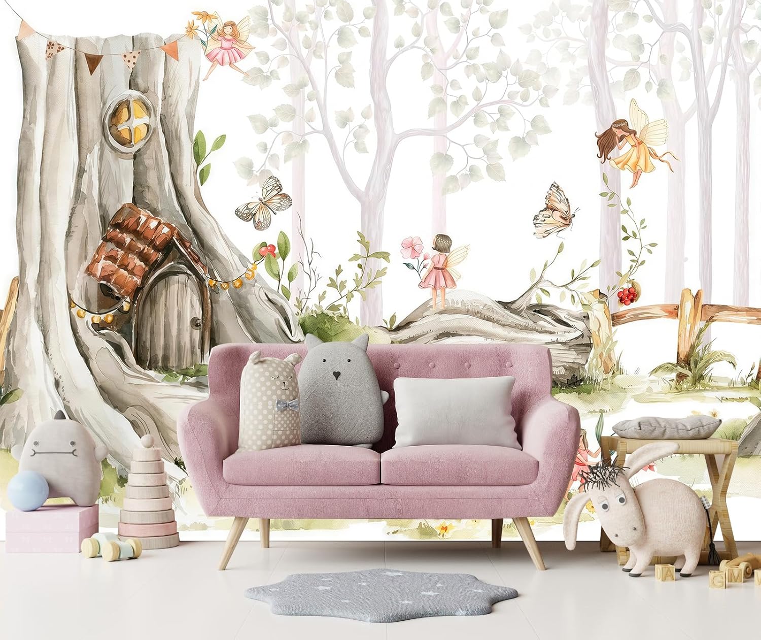 Self Adhesive Nursery Wallpaper Watercolor Tree Forest Woodland Wall Mural for Girls Bedroom Living Room