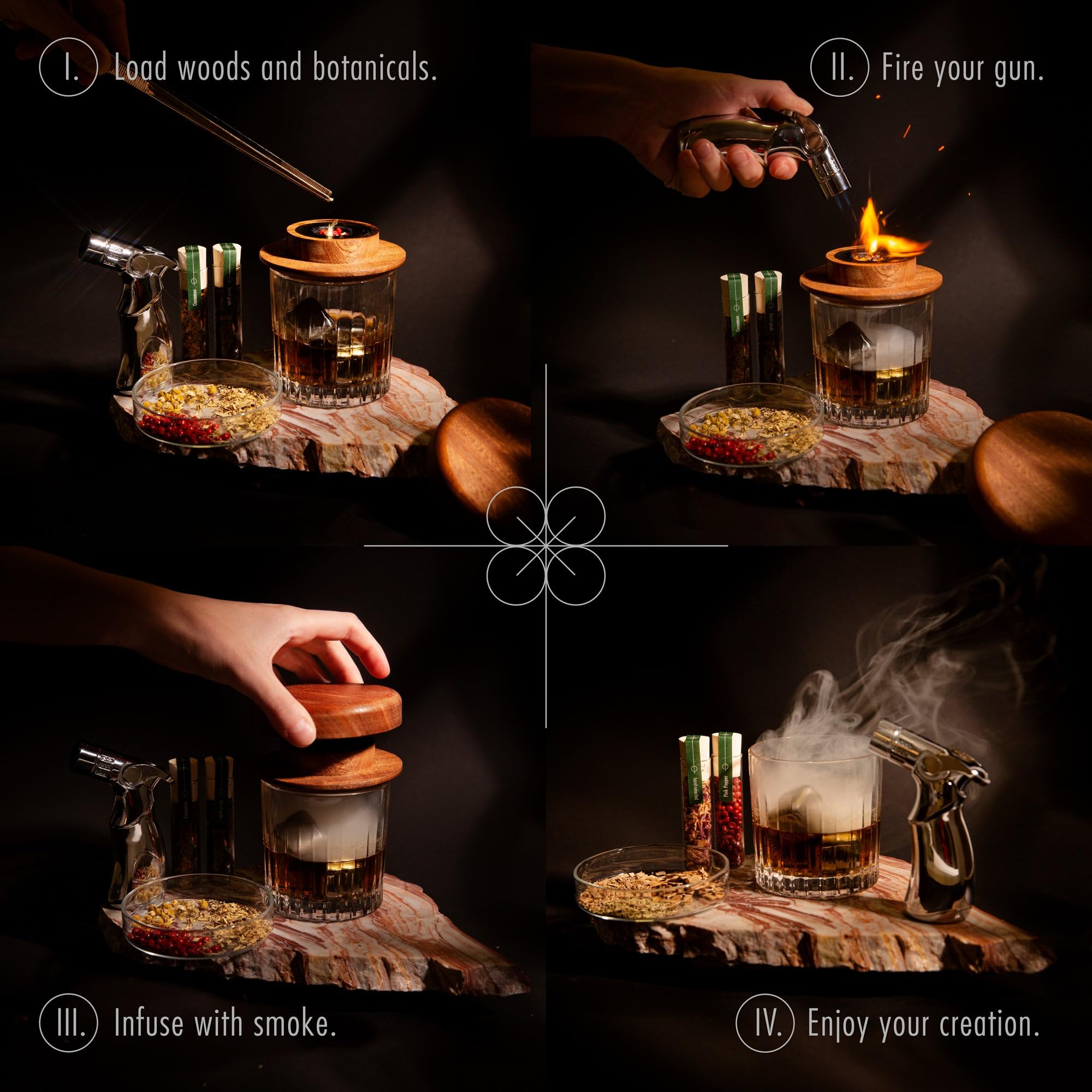 Zestaw DIY do wędzenia whisky i bourbona | Naturalne aromaty do wędzenia | W zestawie: 6 zrębków, 6 roślin botanicznych, 2 szklanki, kamienie do whisky, latarka i kominek