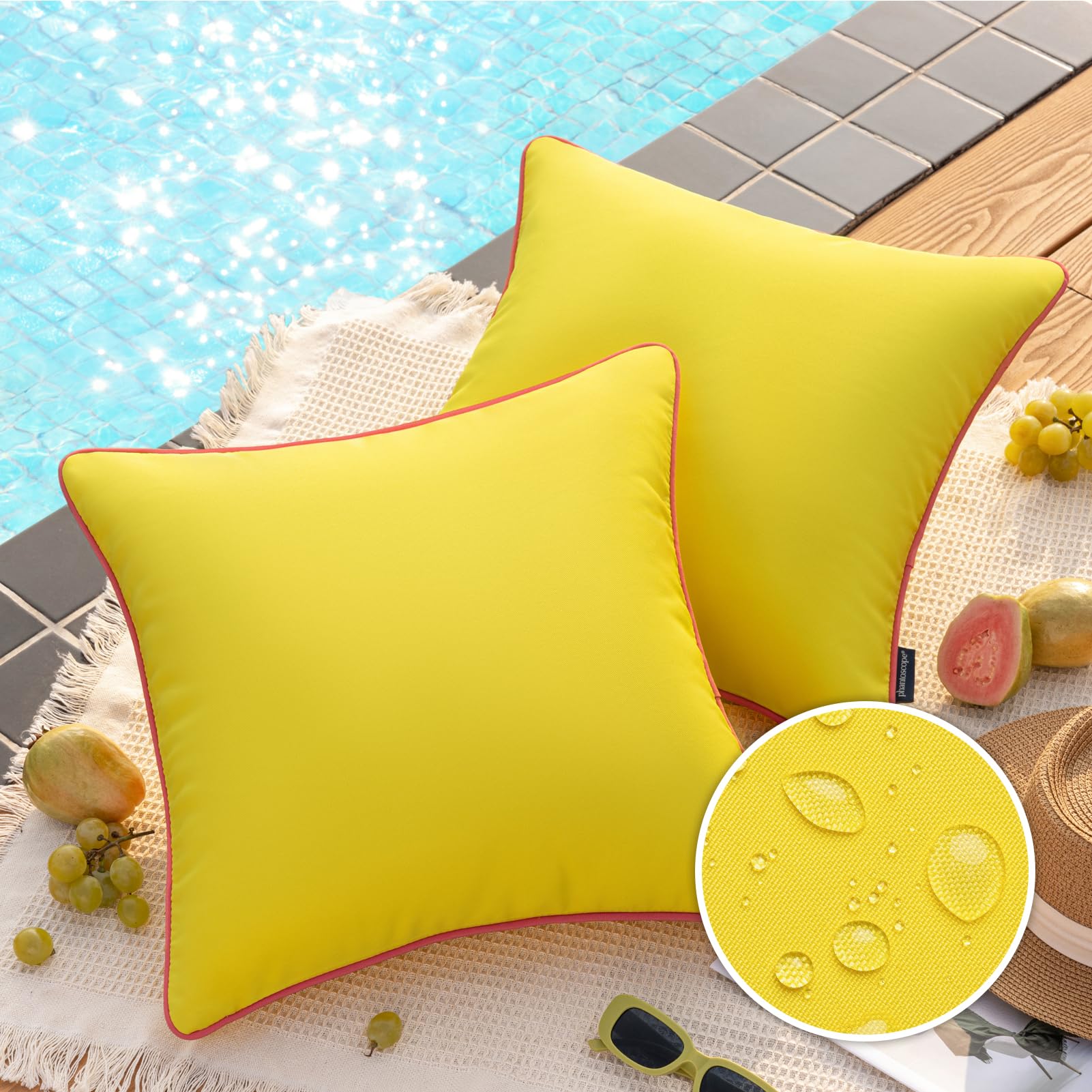 Phantoscope Pack of 2 Outdoor Waterproof Throw Pillow Covers with Contrast Piping, Decorative Square Cushion Case Patio Pillows for Couch Tent