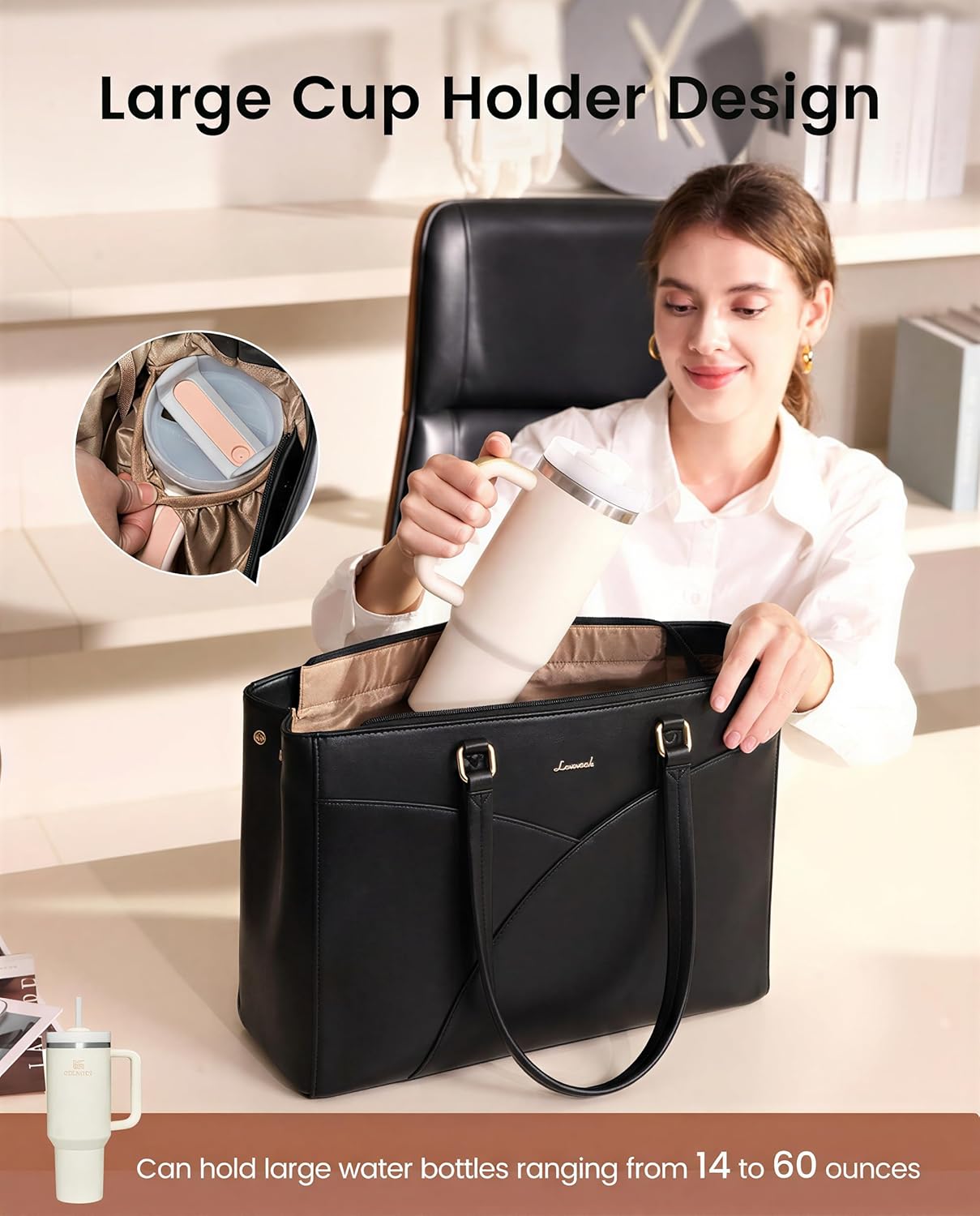 LOVEVOOK Laptop Bag for Women,15.6 Inch Work Teacher Bags Leather Tote Bag Briefcase Waterproof Computer Bag for Women,Black - Image 4