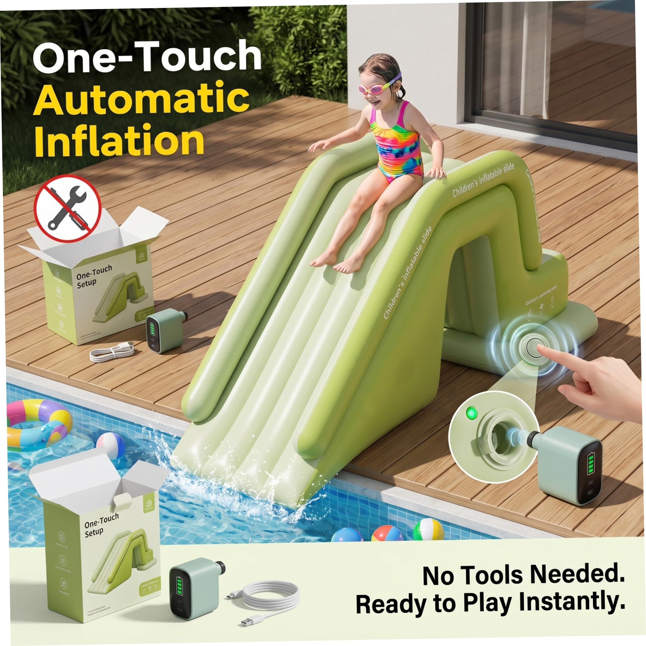 Toboggan Gonflable pour Piscine Jouet d'été antidérapant pour Cour pour garçons et Filles Vert