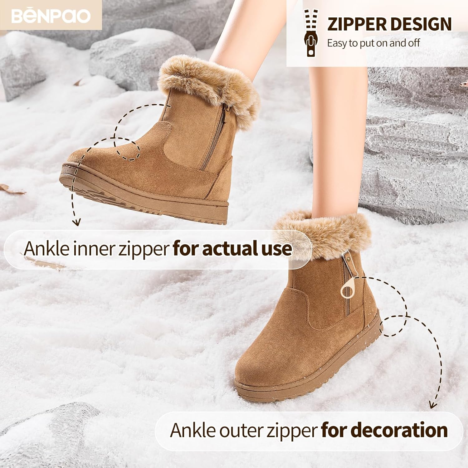 BENPAO Women's Winter Snow Boots - Fuzzy Mini Short Suede Ankle Booties with Zipper
