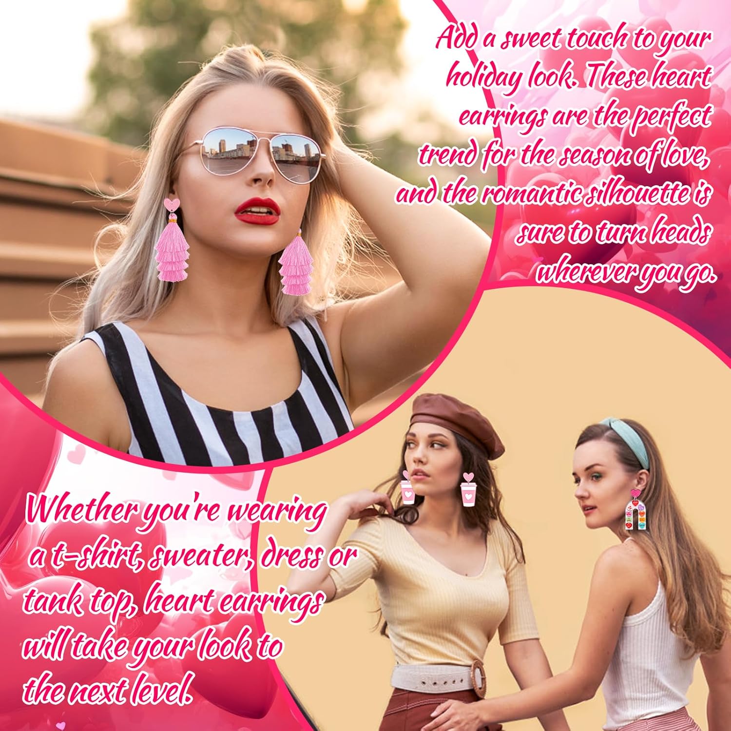 6 Pairs Valentine's Day Earrings for Women, Valentines Heart Earrings Arch Bow Tassels Holiday Dangle Earrings Bulk for Women,Holiday Jewelry Gifts for Women and Teens - Image 7