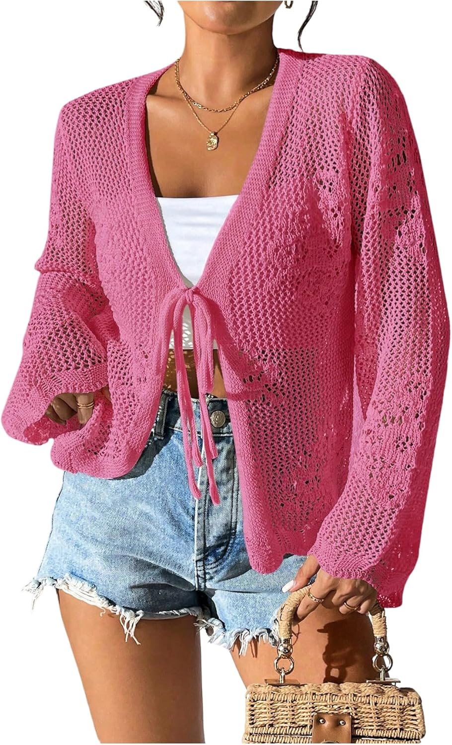 Floerns Women's Tie Front Crochet Lightweight Long Sleeve Cardigan Sweaters Boho Beach Hollow Out Lace Cover Up