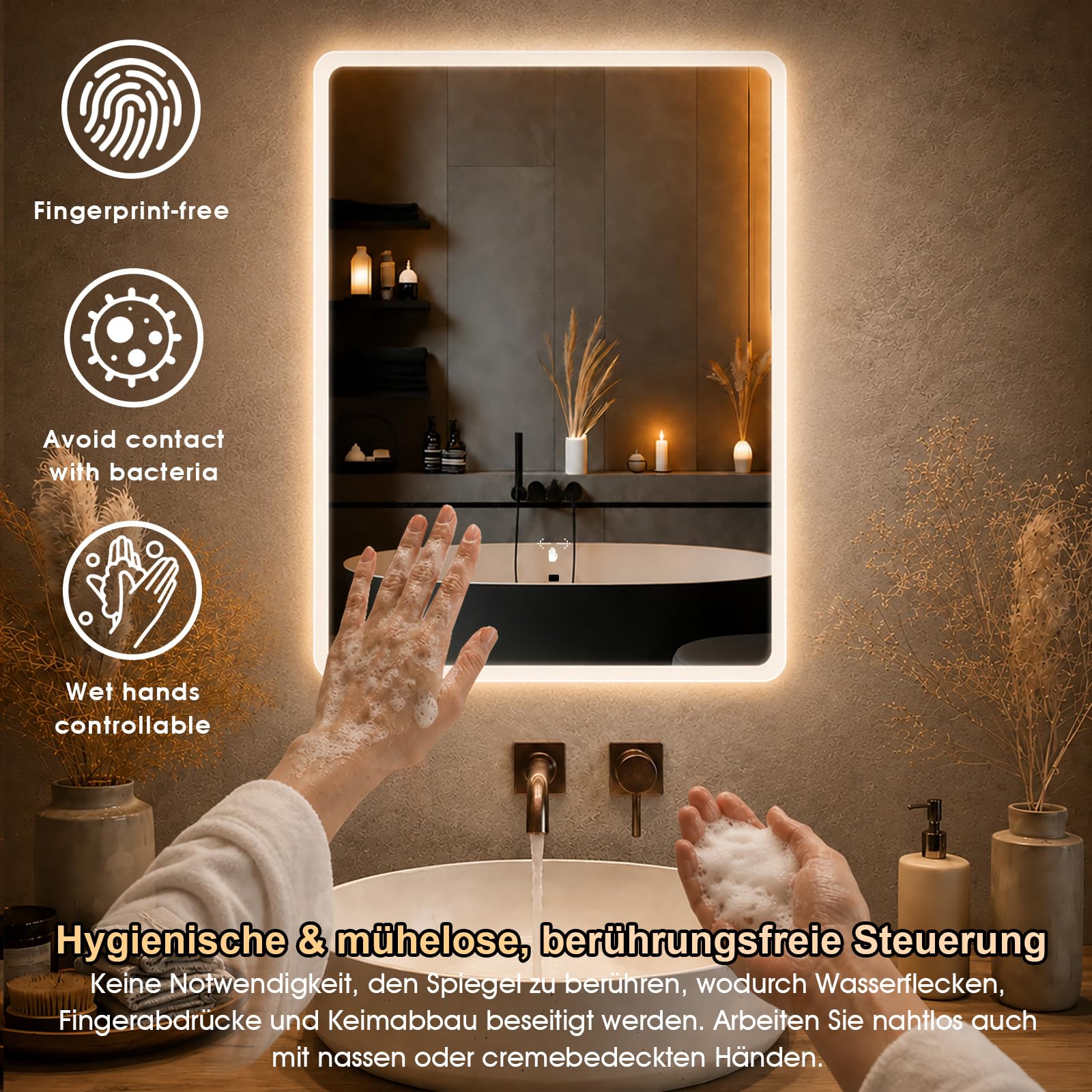 Specchio da parete per bagno, con illuminazione, specchio con luce LED, interruttore a sensore e 3 colori dimmerabili (60 L x 45 B) (60 L x 45 B)