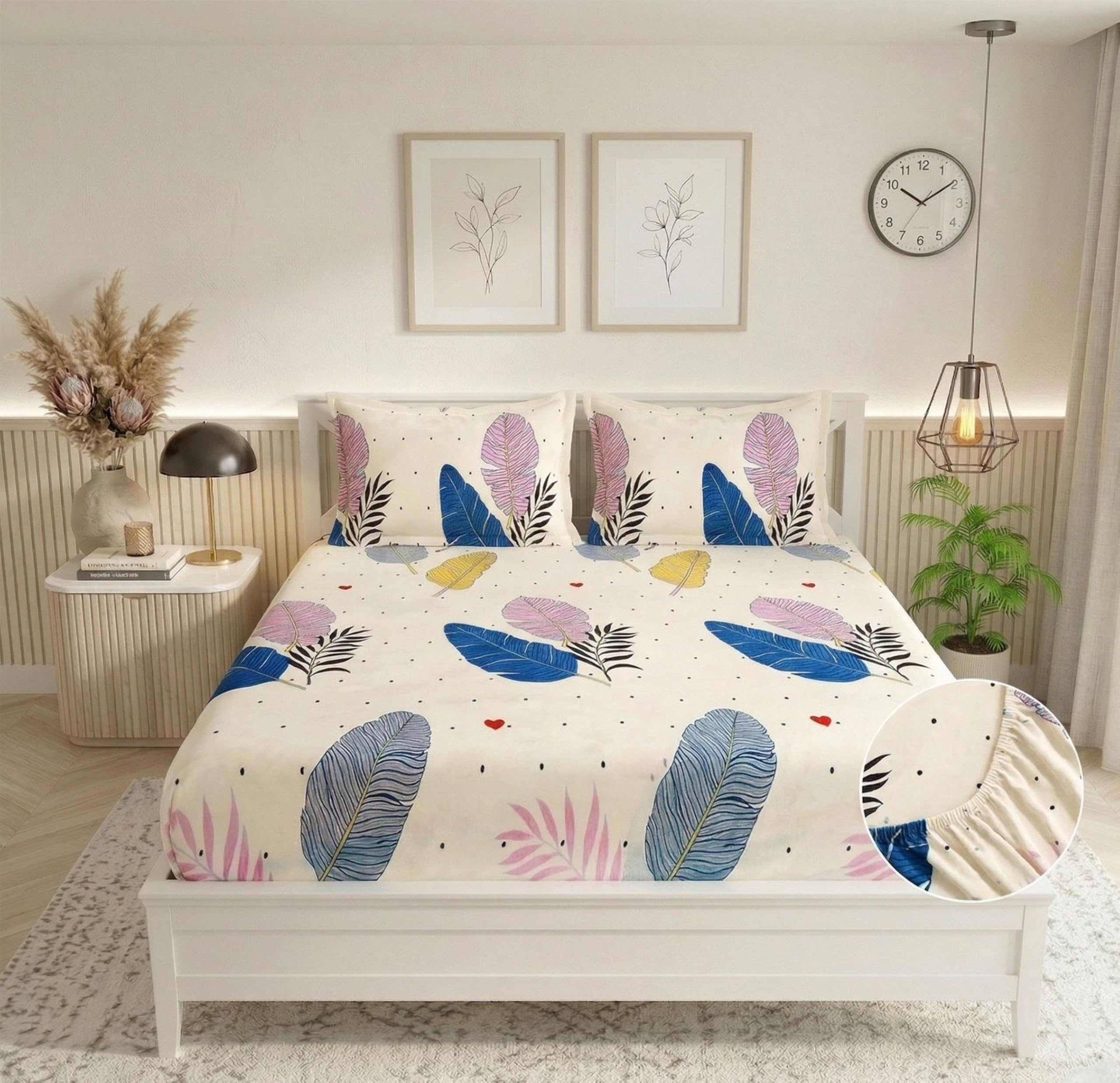 BSB HOME Cotton Rich 160tc Elastic Fitted Bedsheets with 2 Pillow Covers | Double Bed with Corner Fit Wrinkelfree Supersoft Floral Pattern Breathable |Size-72x68+6 inches | Almond and Blue