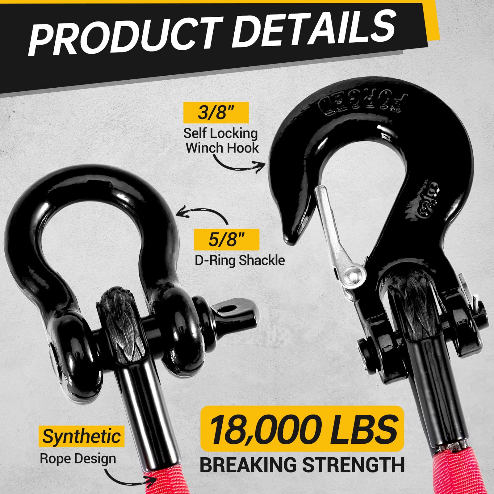 Sangle de récupération de 0,6 m pour VTT, 8 164,7 kg avec Crochet de treuil et Anneau en D, Corde de remorquage synthétique avec Boucles, Accessoires de Boue de qualité supérieure